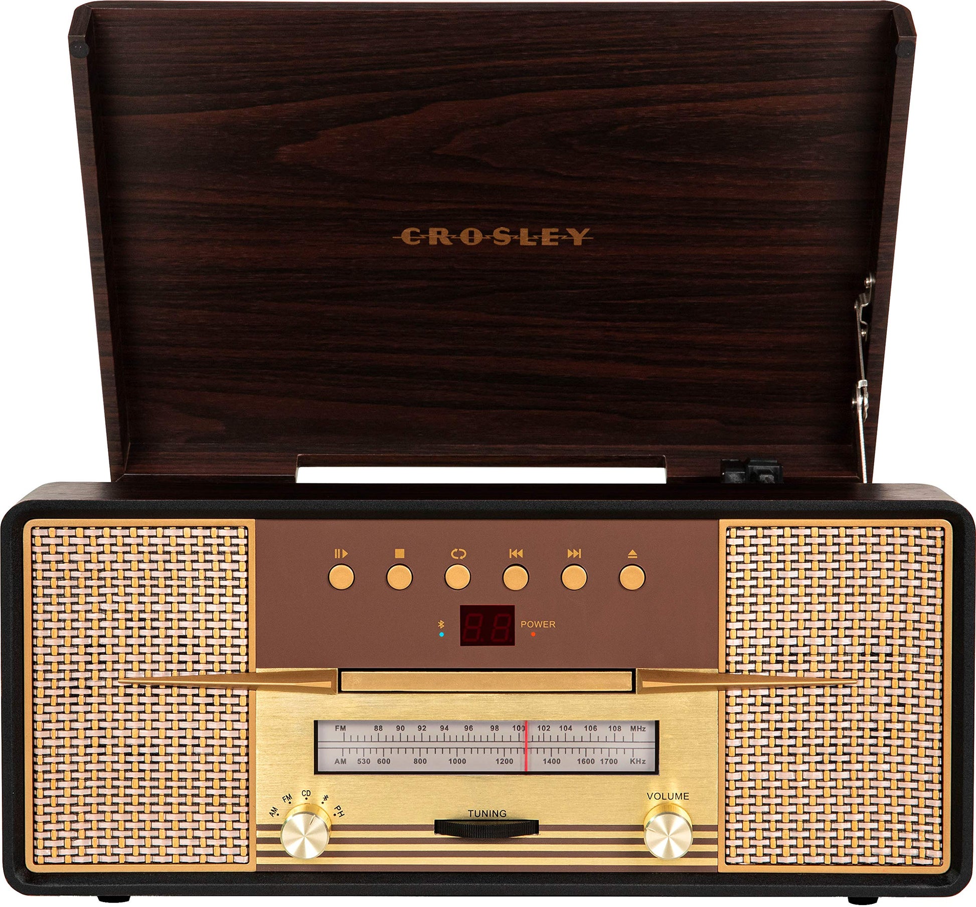 Crosley CR7016A-MA Rhapsody - Tocadiscos de 3 velocidades con Bluetooth, Radio Am/FM, Reproductor de CD y Entrada Auxiliar, Caoba