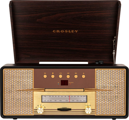 Crosley CR7016A-MA Rhapsody - Tocadiscos de 3 velocidades con Bluetooth, Radio Am/FM, Reproductor de CD y Entrada Auxiliar, Caoba