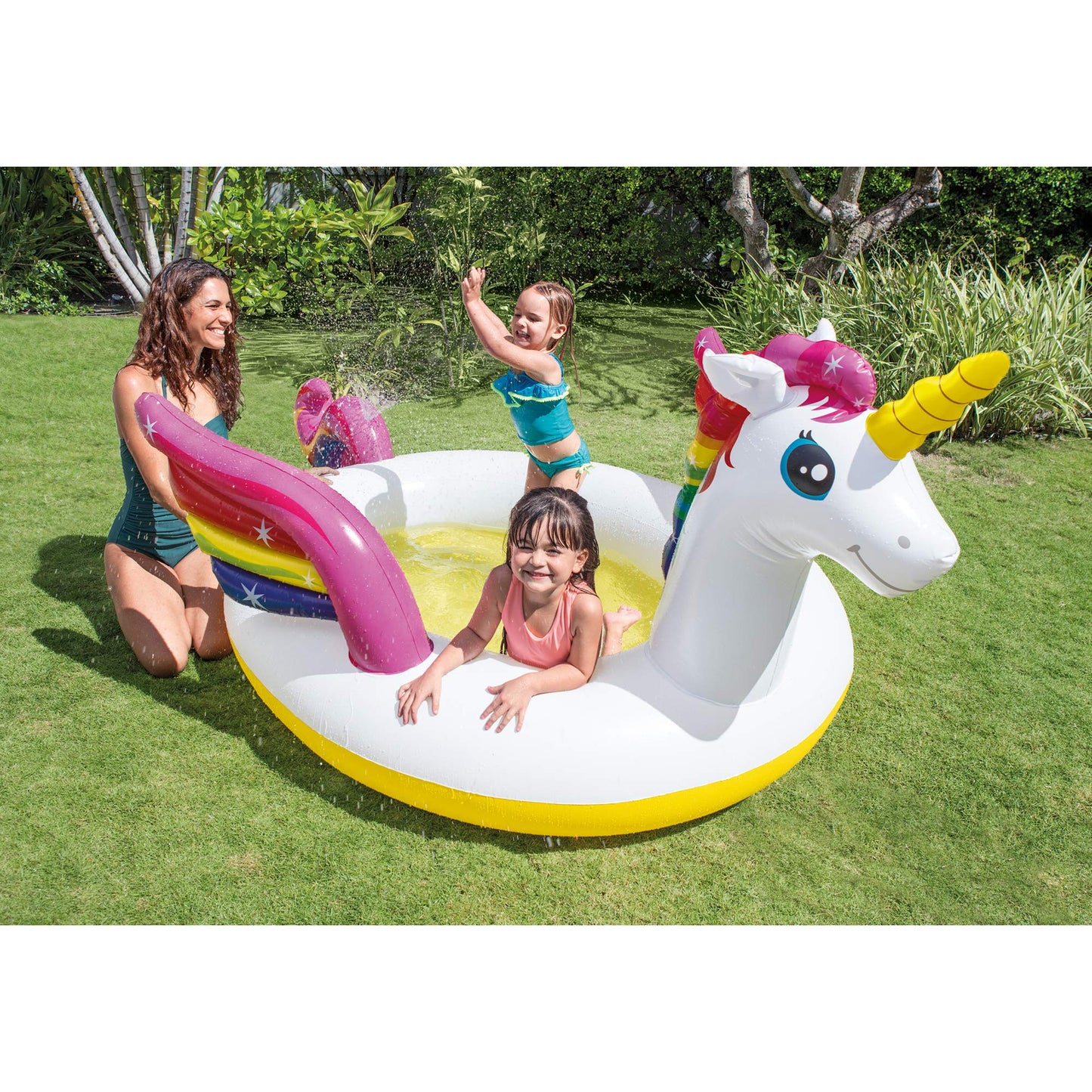 Intex- Inflable de unicornio , para alberca , 107" X 76" X 41", para mayores de 2+