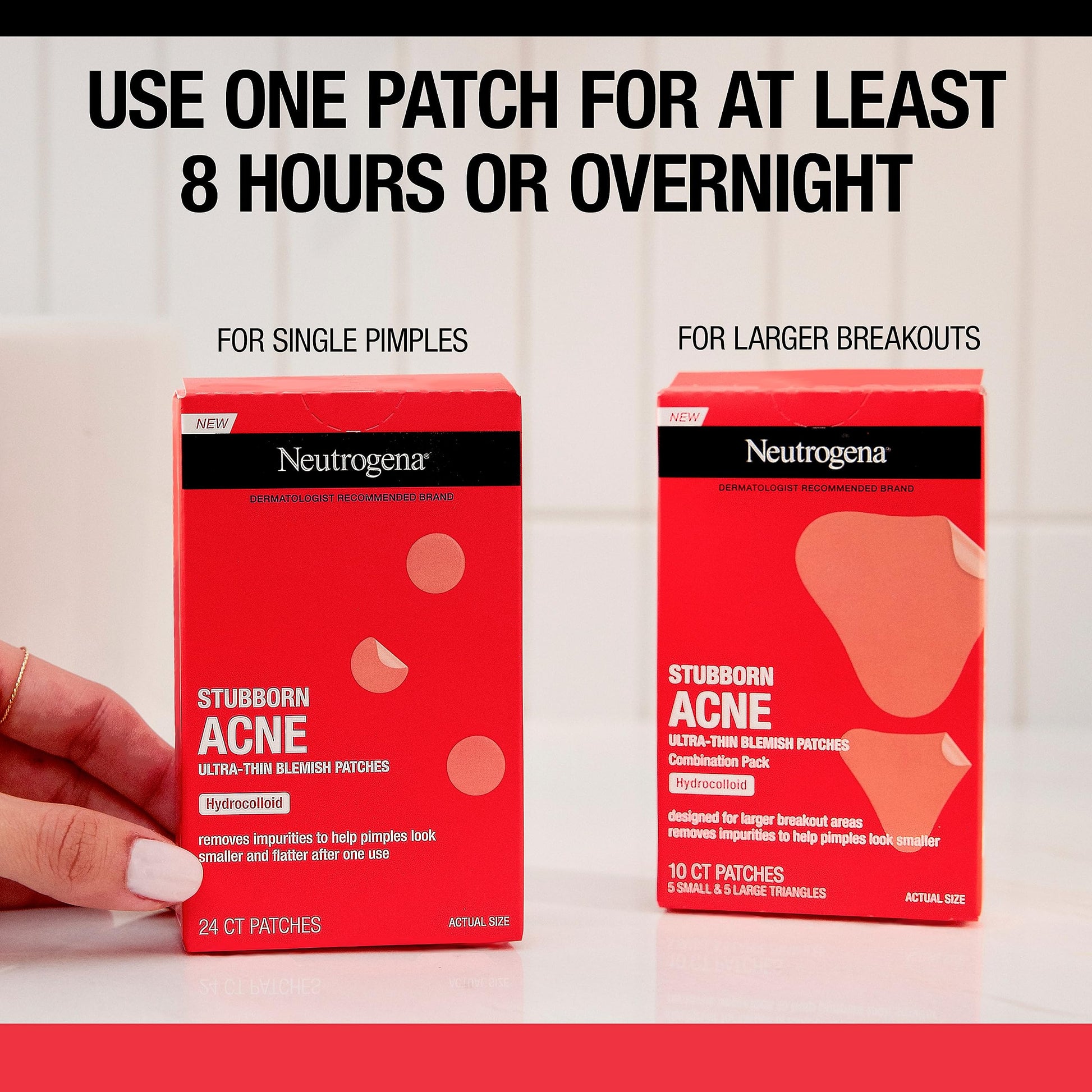 Neutrogena Parches de espinillas para el acné, tratamiento del acné para la cara, parches hidrocoloides ultrafinos que proporcionan una curación óptima para espinillas, 2 tamaños, 10 parches
