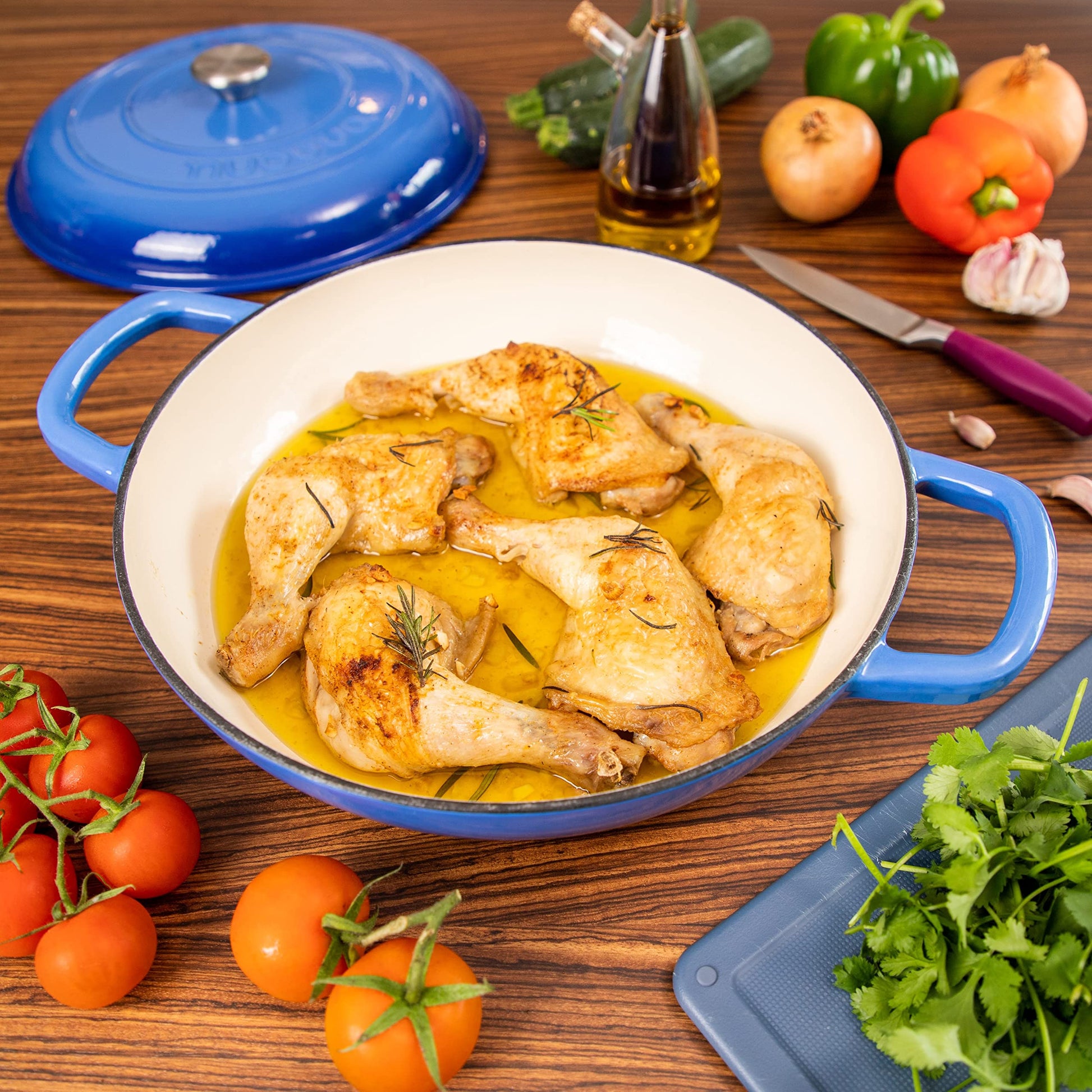 Nuovva - Horno holandés de hierro fundido con tapa, antiadherente poco profundo, apto para horno hasta 500 °F - Olla de cocina resistente - Olla esmaltada - Azul oscuro, 3.7 cuartos de galón, 30 cm