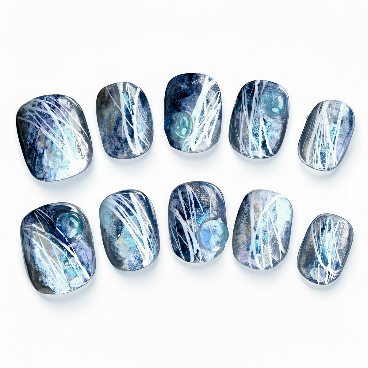 Fine Point Uñas postizas de nebulosa de medianoche para mujer, 10 uñas postizas cortas y cuadradas, hechas a mano con diseño de mármol galáctico y líneas blancas, reutilizables (talla grande)