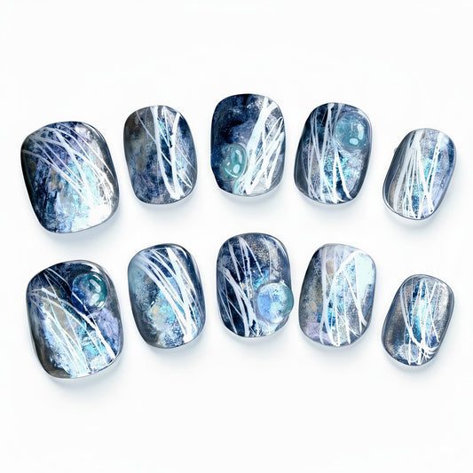 Fine Point Uñas postizas de nebulosa de medianoche para mujer, 10 uñas postizas cortas y cuadradas, hechas a mano con diseño de mármol galáctico y líneas blancas, reutilizables (talla grande)