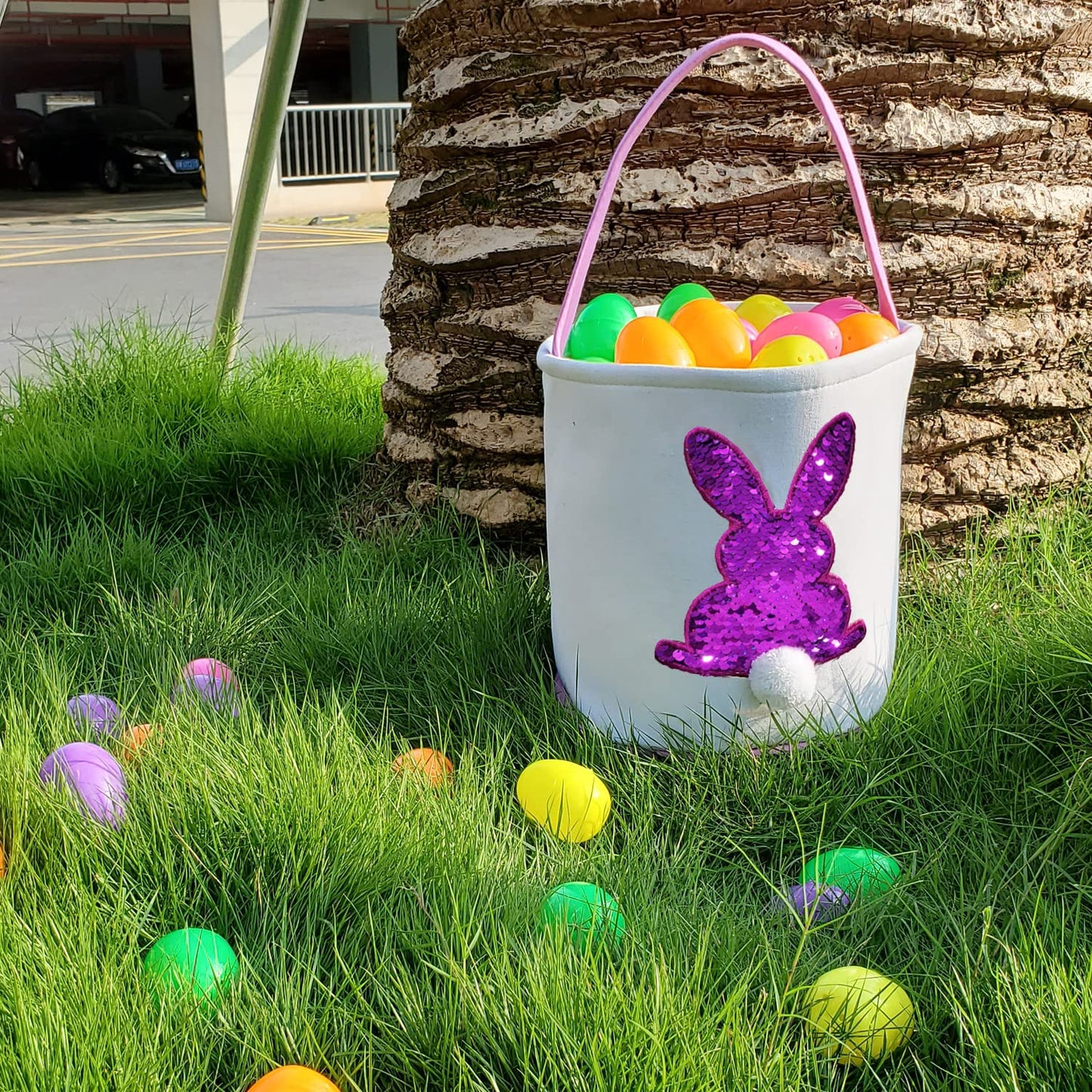 Poptrend Bolsas de cesta de Pascua, huevos de Pascua/cestas de regalo para niños, bolsa de conejo para huevos de Pascua, juguetes, caramelos, regalos (paillette morado)