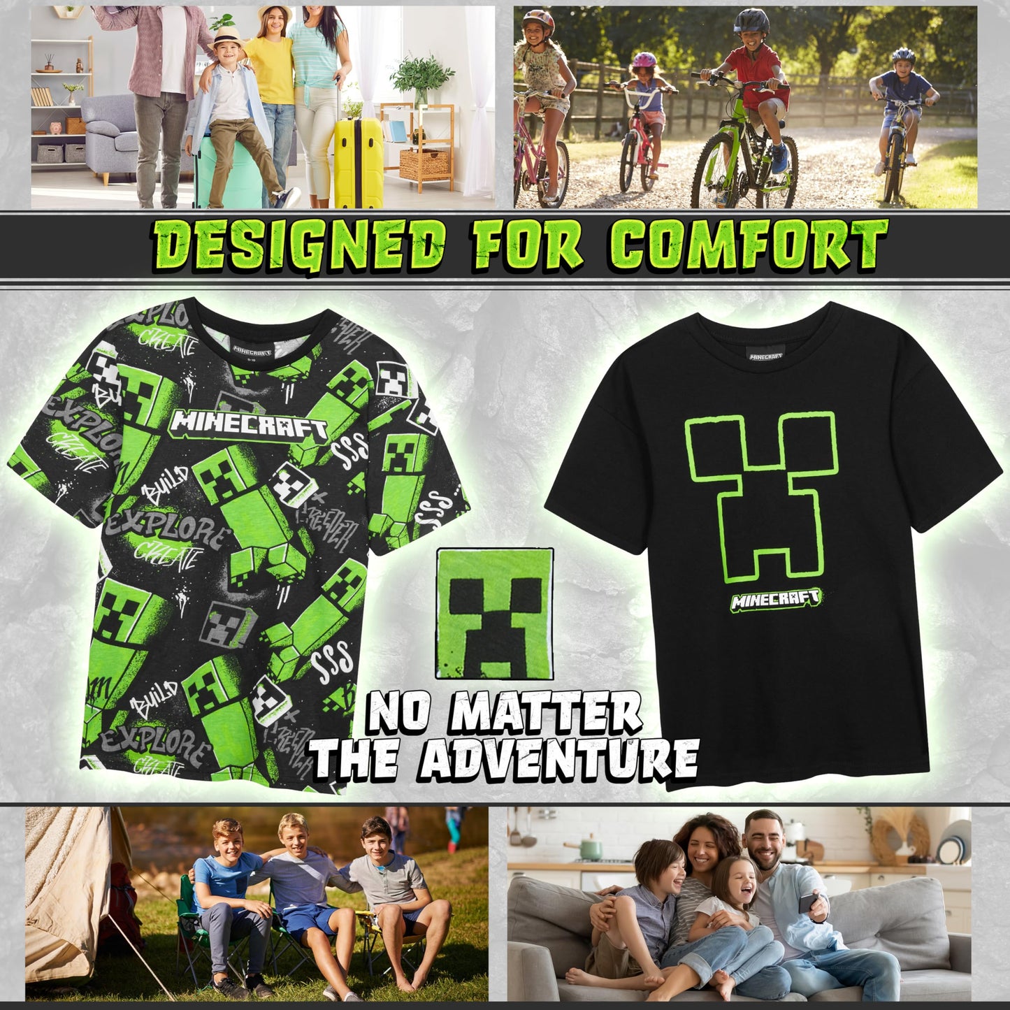 Get Trend Camisetas de manga corta para niños de Minecraft, tops de verano con cuello redondo, camisetas estampadas, paquete de 2, regalos para gamers de Creeper, de 5 a 14 años (5-6 años, paquete de