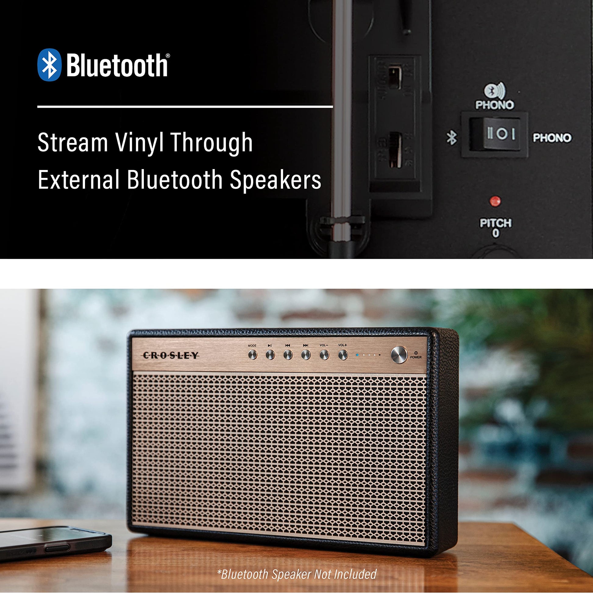 Crosley CR8017B-BK Voyager - Tocadiscos de Vinilo portátil clásico con Entrada y Salida Bluetooth y Altavoces Integrados, Color Negro