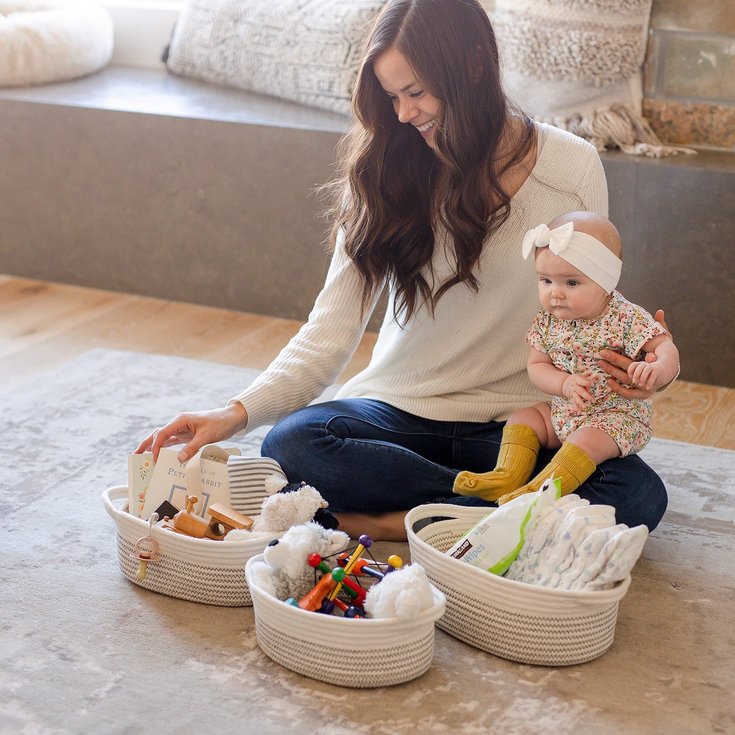 NaturalCozy 3-Piece Cotton Rope Baskets with Handles - 100% Natural Cotton! Oval Woven Storage Basket Set, Toy Basket, Small Soft Baby Nursery Baskets, Cat Dog Toy Baskets, Gift (Black Stitching)