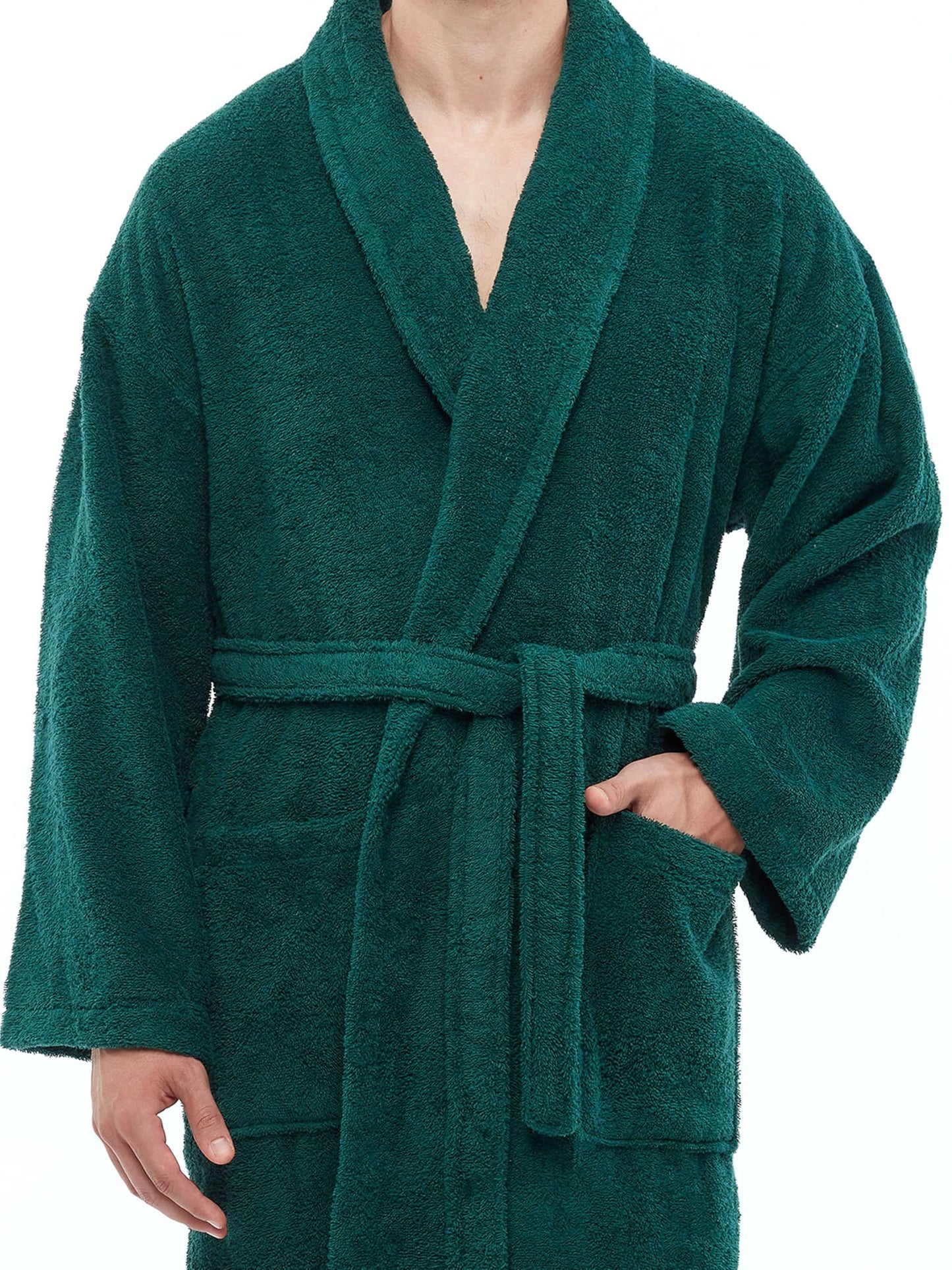 Arus Bata de hombre con cuello chal, bata de baño de algodón turco de felpa, largo completo, verde oscuro, talla LXL