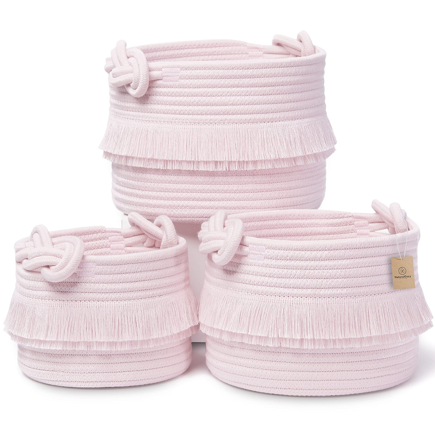 NaturalCozy Juego de 3 cestas decorativas de almacenamiento – Cestas pequeñas tejidas de cuerda de algodón rosa para organizar para guardería, artículos para bebé, regalo, tocador, Montessori, cubo de
