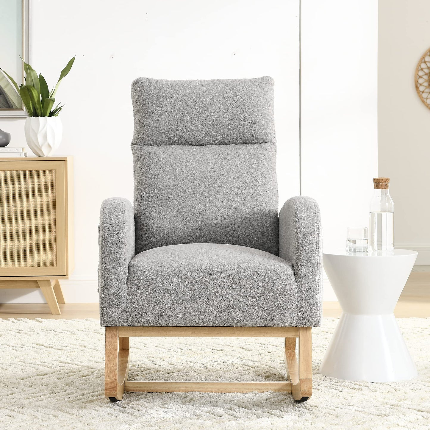 Krinana - Mecedora de guardería con patas de madera maciza, silla planeadora para guardería con dos bolsillos laterales, sillón basculante para sala de estar, recámara (gris, tela de peluche)