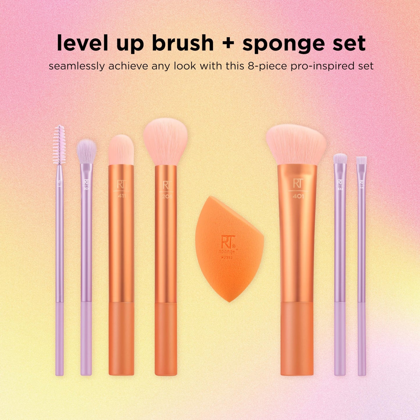 REAL TECHNIQUES, Kit de Brochas de Maquillaje + Esponja, Level Up, 8 Piezas, Calidad Profesional