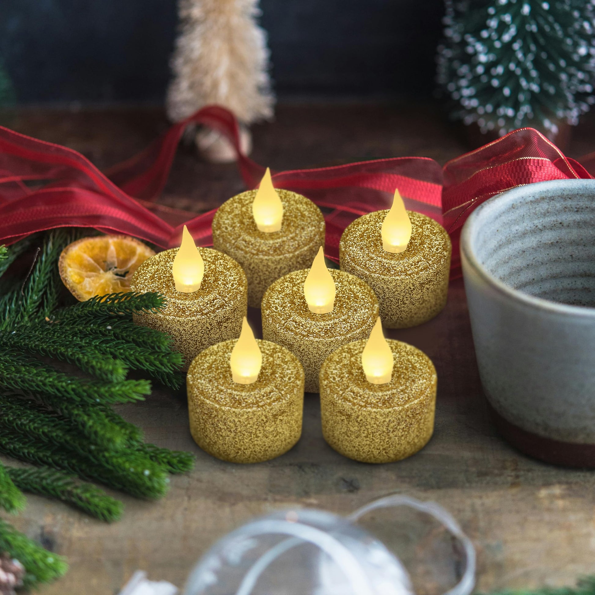 FURORA LIGHTING - Velas LED con purpurina dorada, paquete de 12, velas parpadeantes sin llama para decoración del hogar, 1.5 pulgadas de ancho x 1.65 pulgadas de alto, funciona con pilas