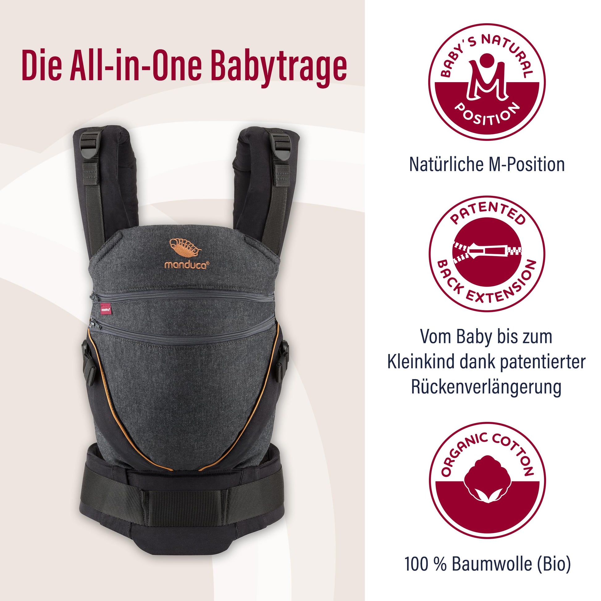 Manduca XT, portabebés con asiento ajustable, 3 posiciones de transporte (delantero, cadera y espalda), sin necesidad de inserciones para bebés, algodón orgánico, crece con tu bebé (3,5-20 kg), DenimBlack, XT Cotton
