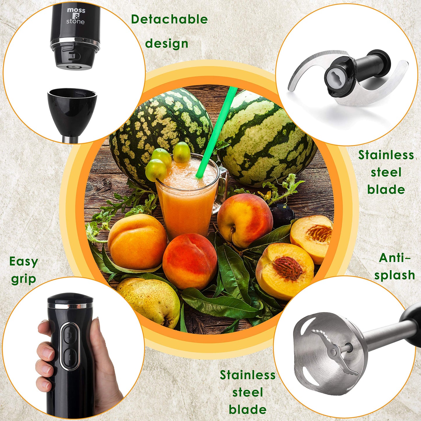 Batidora de mano eléctrica Moss & Stone con batidor de huevos y picador, potente batidora de mano de inmersión de 300 W, juego de mezclador de mano con eje y cuchillas de acero inoxidable, batidora de