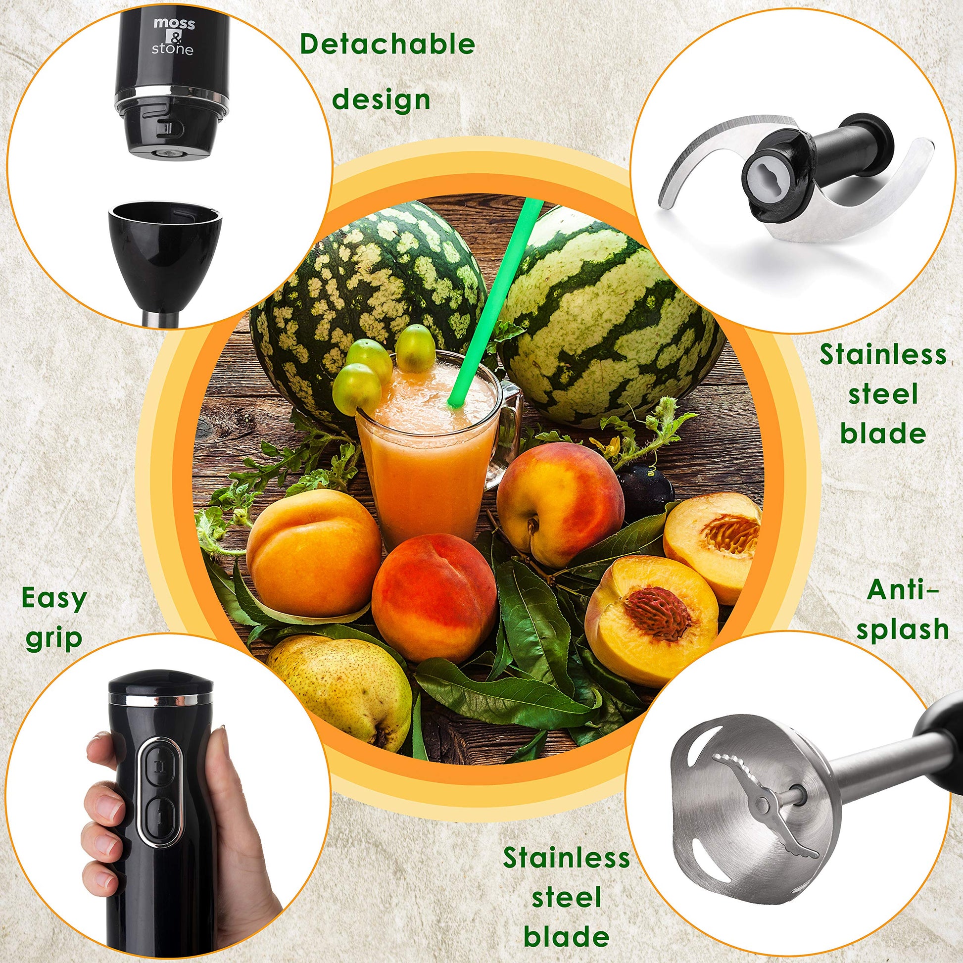 Batidora de mano eléctrica Moss & Stone con batidor de huevos y picador, potente batidora de mano de inmersión de 300 W, juego de mezclador de mano con eje y cuchillas de acero inoxidable, batidora de