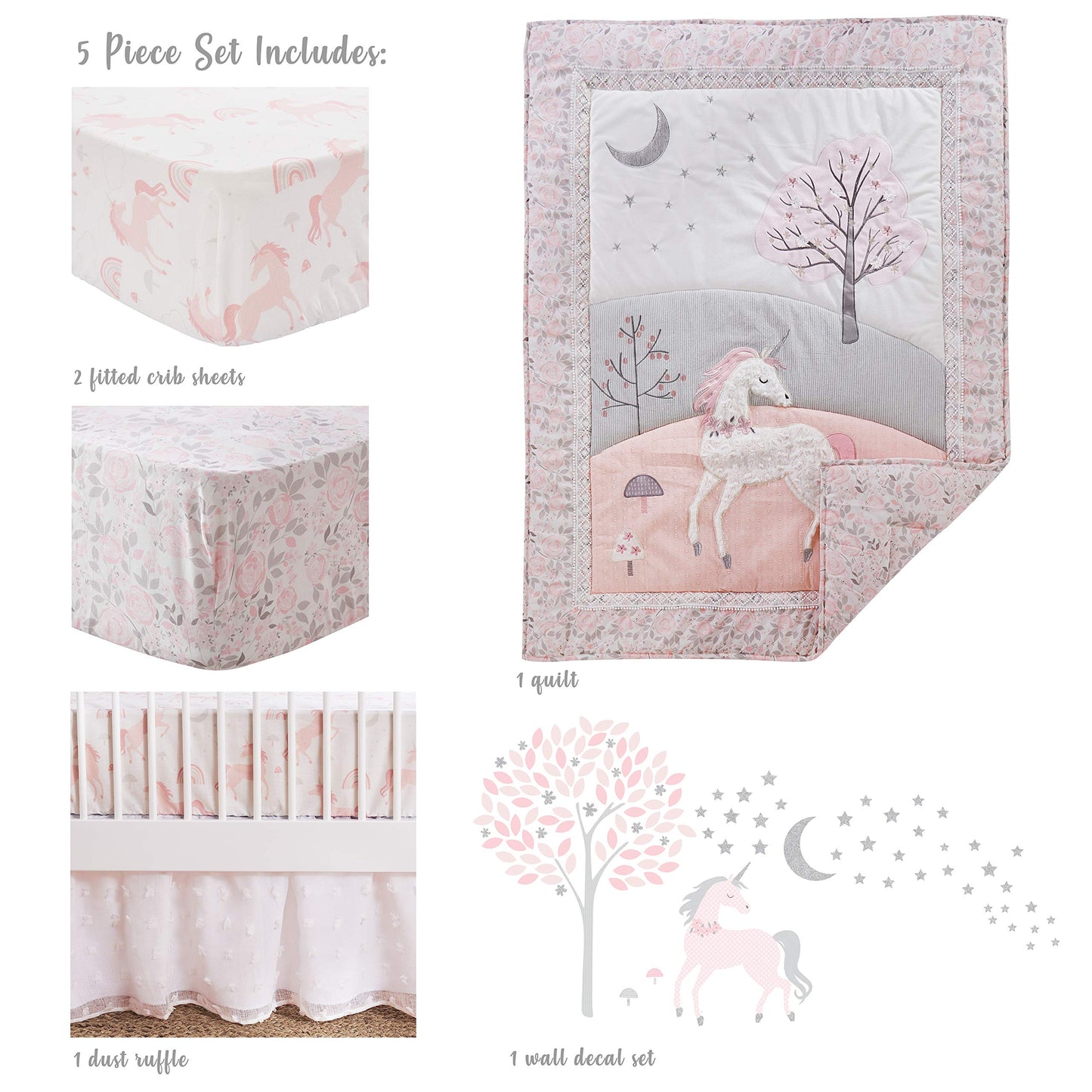 Levtex Baby - Colette Crib Bed Set - Baby Nursery Set - Grey Pink White - Unicorn - 5 Piece Set Includes Quilt, Two Fitted Sheets, Wall Decal & Skirt/Dust Ruffle