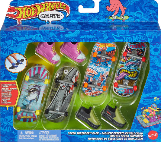 Hot Wheels, Multipack de Skate, Experto en Velocidad, 4 Patinetas para Dedos y 2 Pares de Tenis de Skate, Skate, Juguete para Niños, Mattel