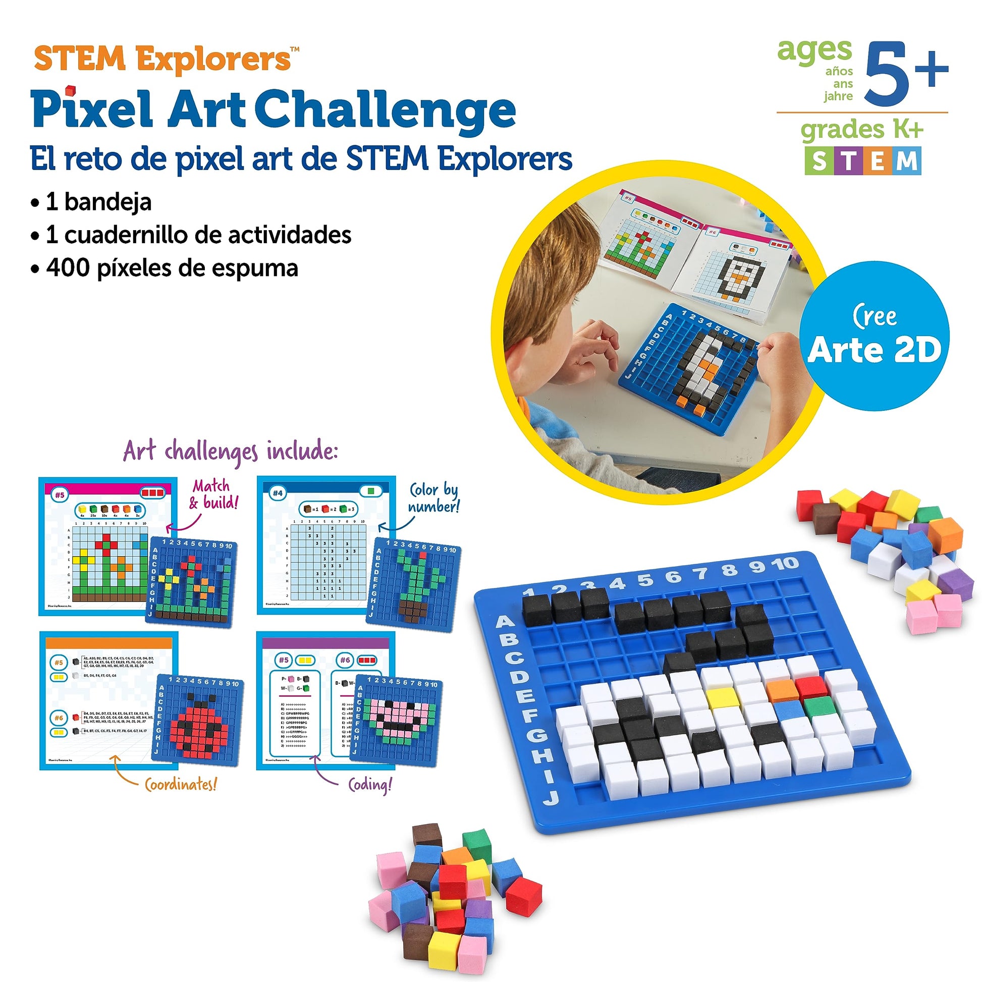 Learning Resources Stem Explorers Pixel Art Challenge, 402 Piezas, Mayores de 5 años, Juguetes Stem para Niños, Codificación Básica para Niños, Actividades Stem para el Salón de Clases