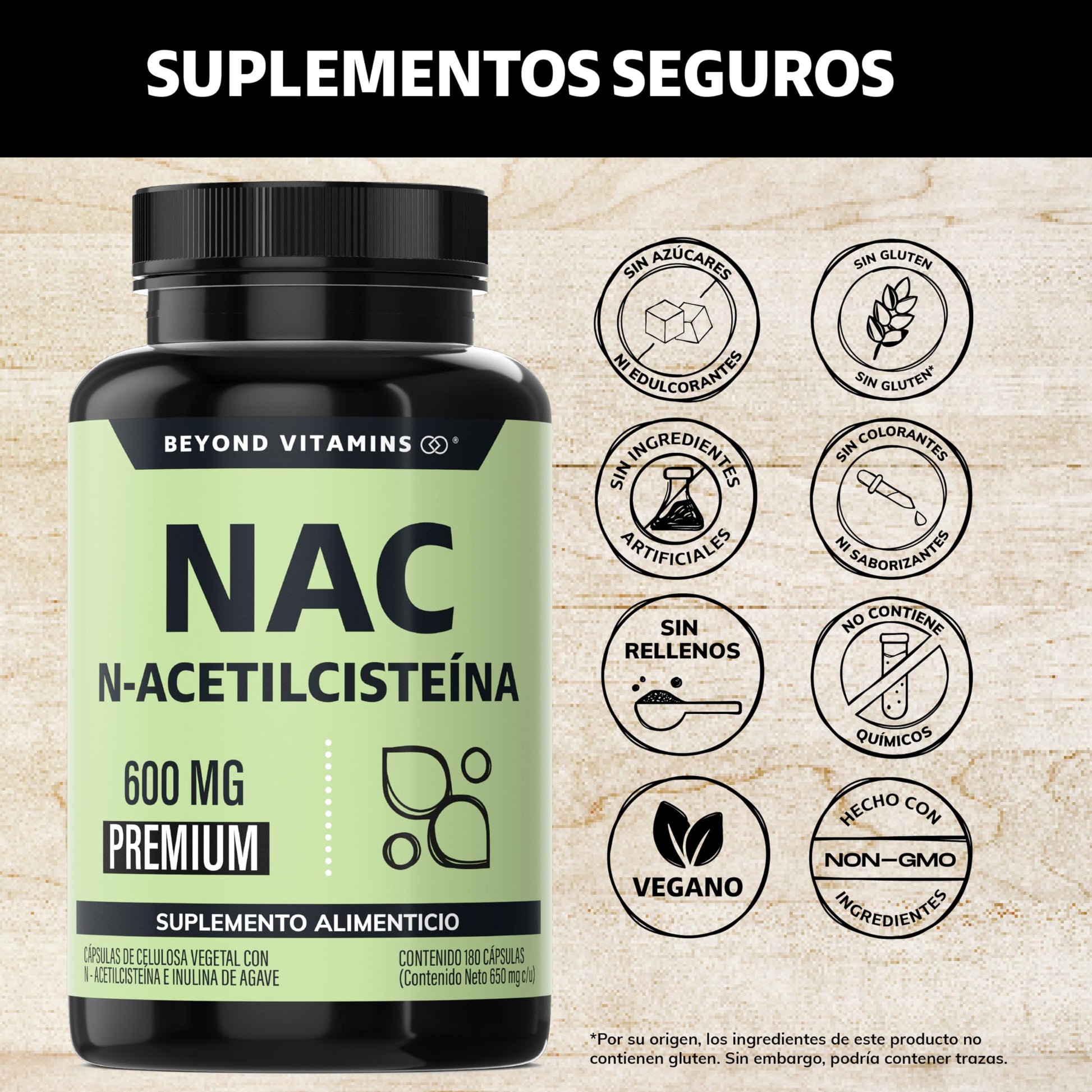 Beyond Vitamins | NAC N-Acetil Cisteína 600mg ultra-premium con Inulina de Agave | N-Acetyl Cysteine (180 Cápsulas)
