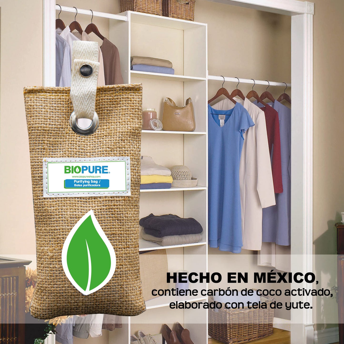 Biopure - Kit bolsas purificadoras - Carbón activado 100% biodegradable - Coco - Yute - Remueve malos olores, humedad, moho y alérgenos - Hecho en México - (225 gr)