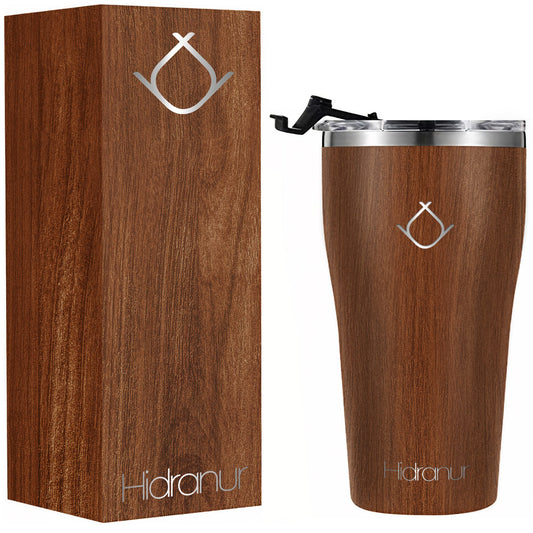 Hidranur Termo de Acero Inoxidable Doble Aislamiento Térmico, 30 Oz (887.206 ml), Termo para Café, Tapa Hermética Antifugas, Popote Incluido (Madera, 30 Oz (887.206 ml))