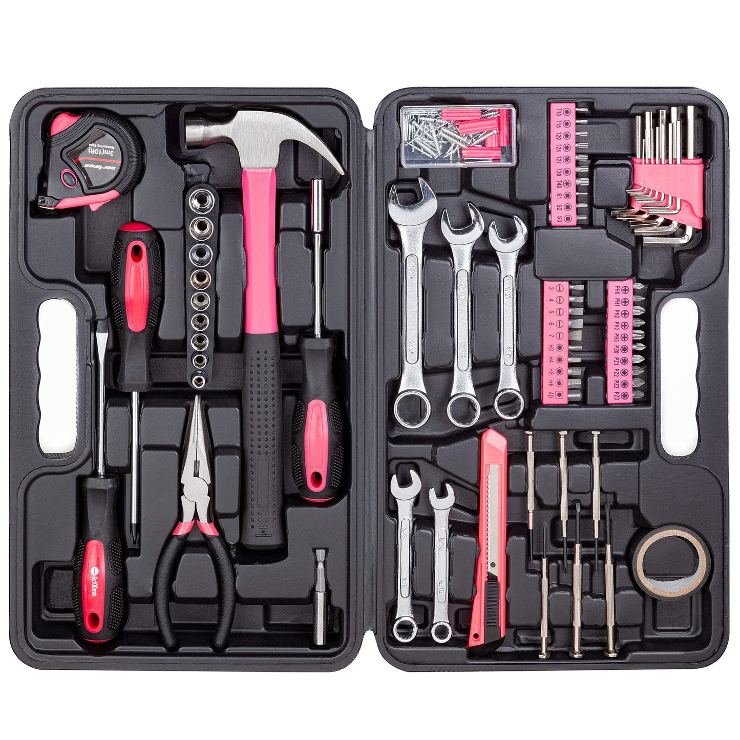Cartman Juego de Herramientas de 148 Piezas Kit de Herramientas manuales para el hogar con Caja de Herramientas de plástico Rosado