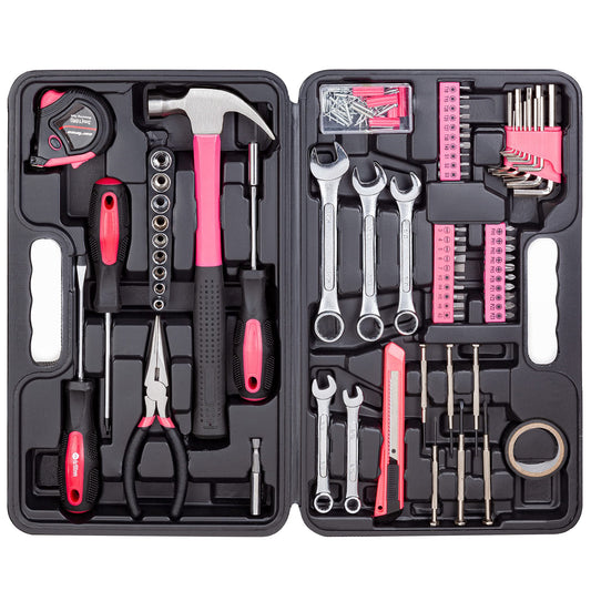Cartman Juego de Herramientas de 148 Piezas Kit de Herramientas manuales para el hogar con Caja de Herramientas de plástico Rosado