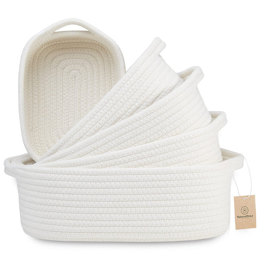 NaturalCozy - Juego de cestas de almacenamiento rectangulares de 5 piezas, canastas tejidas de cuerda de algodón natural para organizar Cesta pequeña para Montessori, guardería de bebé, cestas de juguete para perros, caja de juguetes para gatos, contenedo