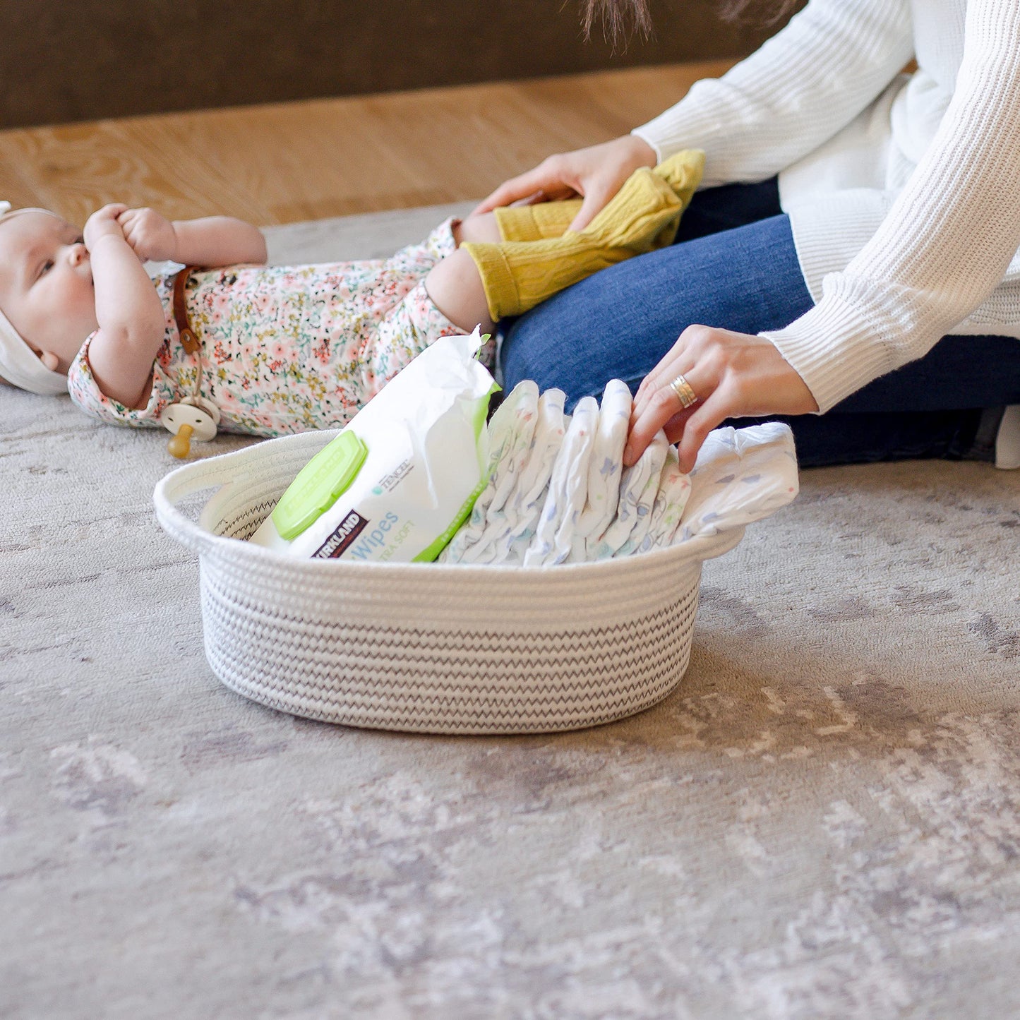 NaturalCozy 3-Piece Cotton Rope Baskets with Handles - 100% Natural Cotton! Oval Woven Storage Basket Set, Toy Basket, Small Soft Baby Nursery Baskets, Cat Dog Toy Baskets, Gift (Black Stitching)