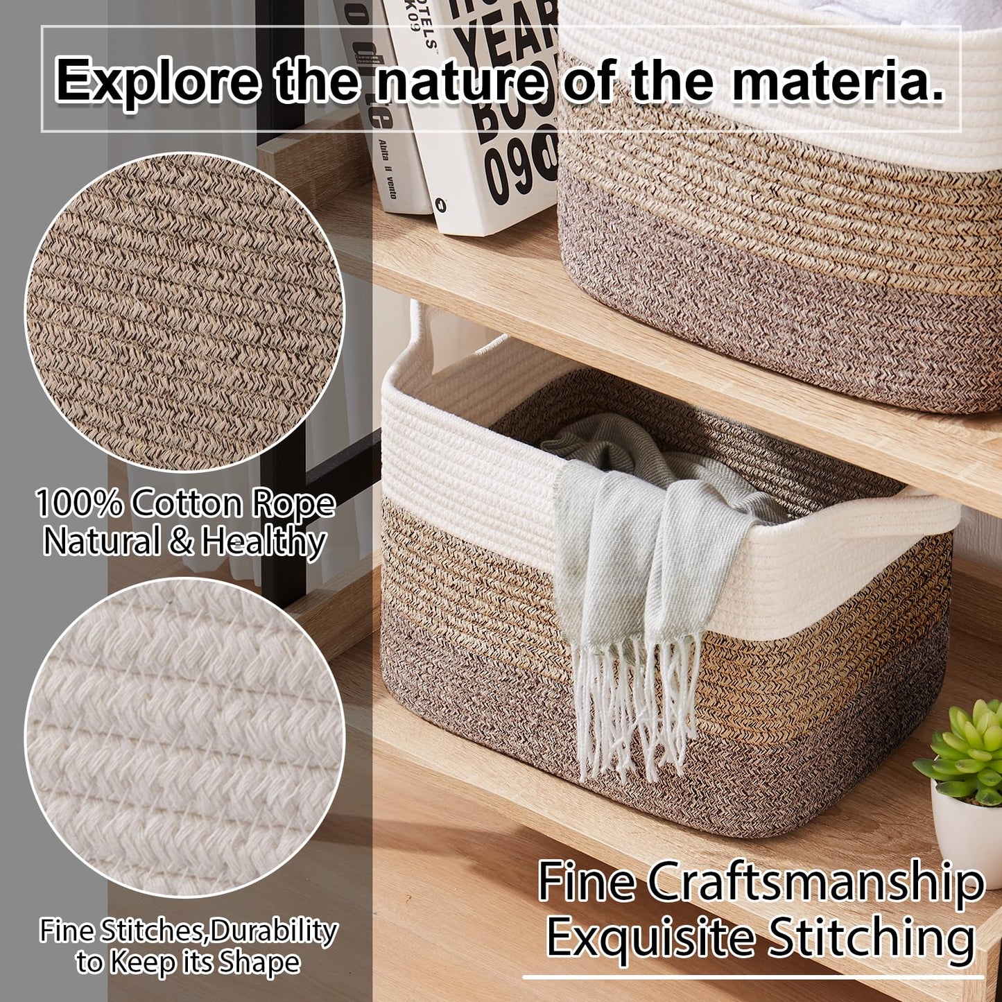 OIAHOMY Cesta de almacenamiento, cestas tejidas para almacenamiento, cesta de cuerda de algodón para juguetes, cestas de toalla para baño, paquete de 3, café oscuro degradado