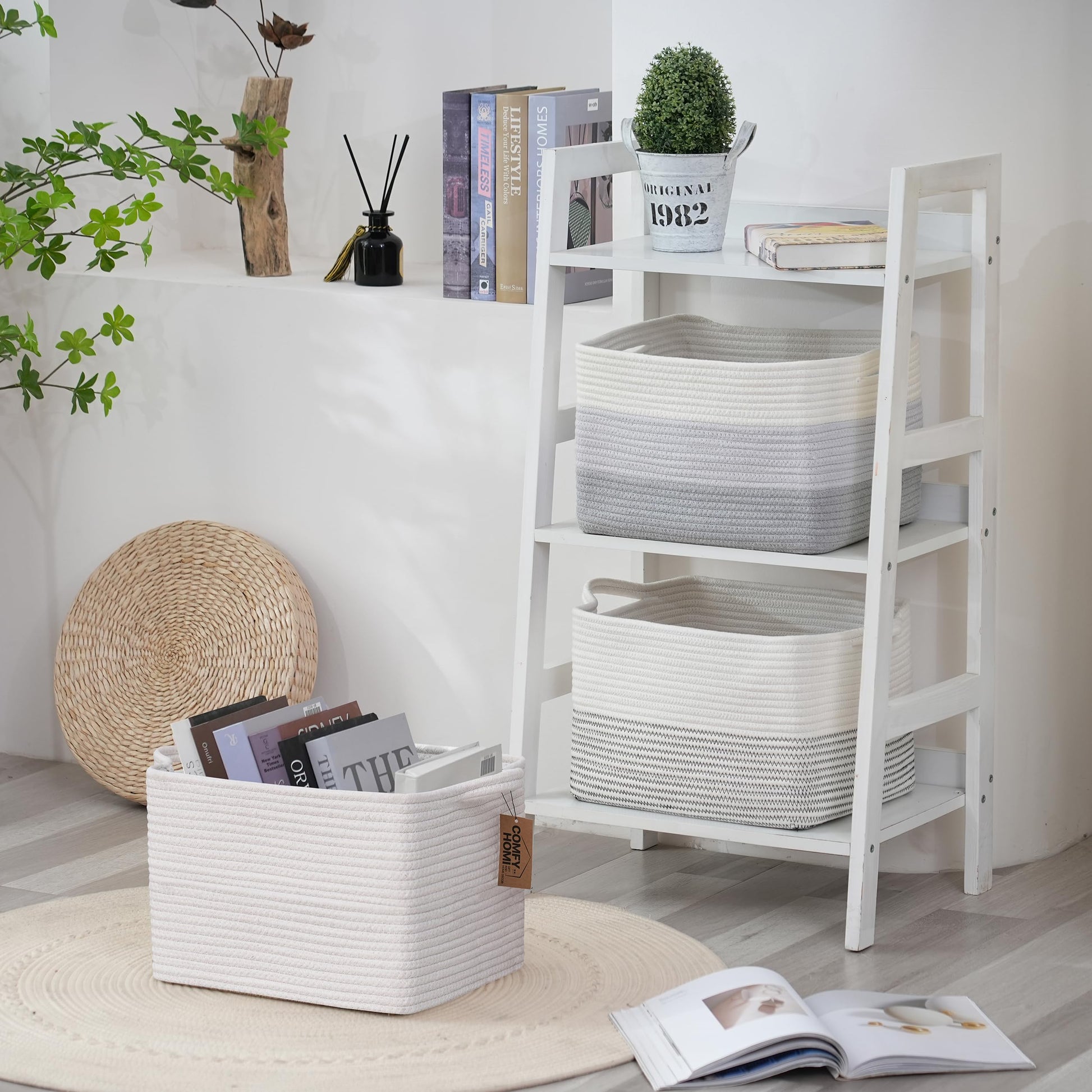 COMFY-HOMI - Paquete de 3 cestas cuadradas de cuerda de algodón con asas para estantes, cesta de juguetes para perros y almacenamiento, cesta de bebé para regalo, cesta de zapatos para organizar la