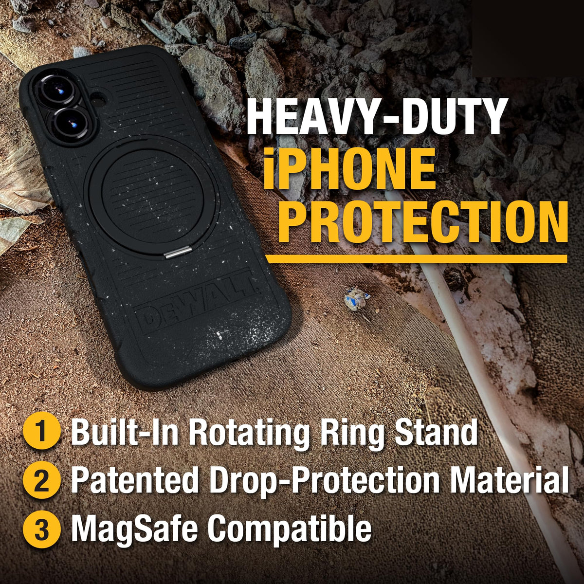 Anillo Magnético Giratorio DEWALT Negro Resistente contra Caídas para iPhone 16 Series