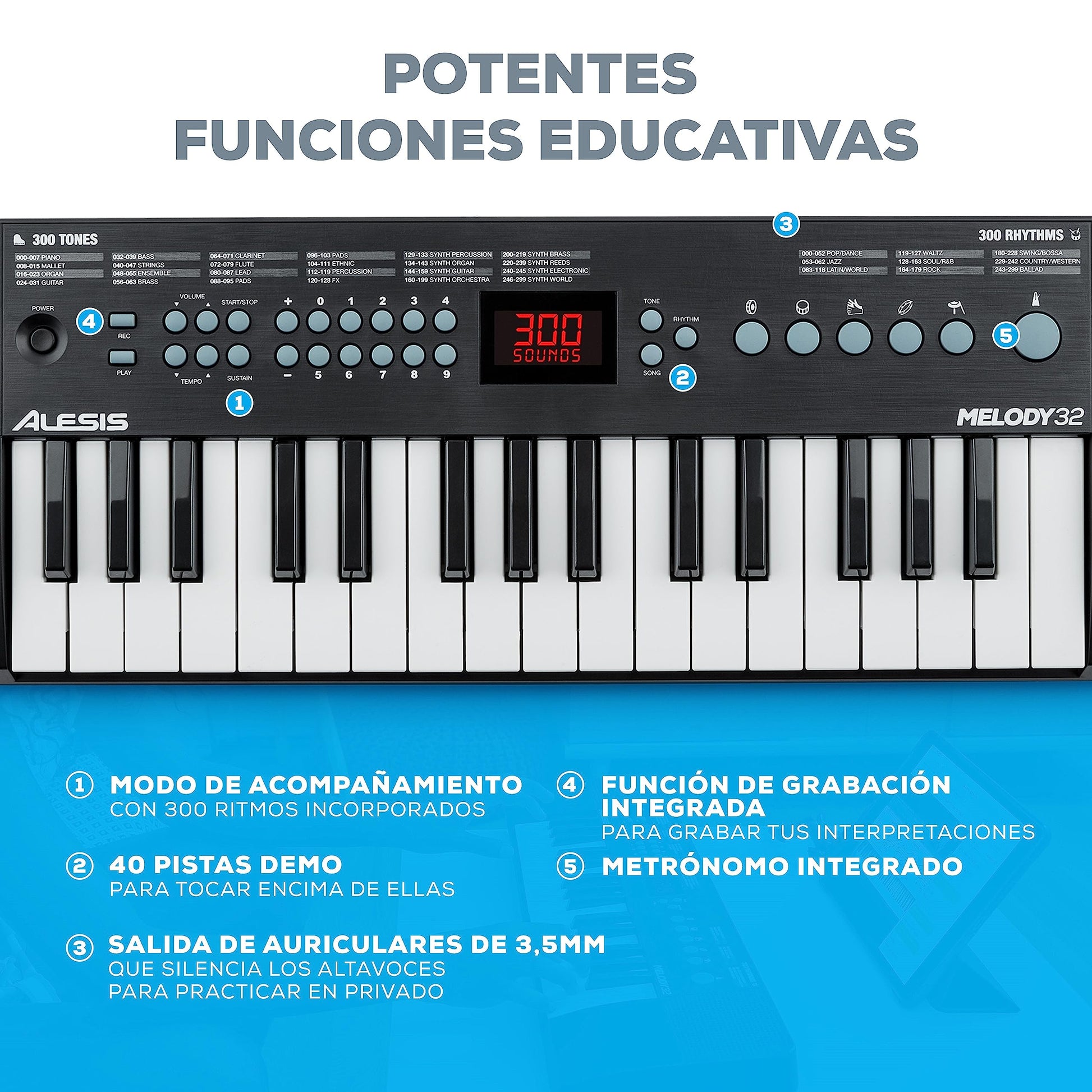 Alesis Melody 32 – Piano eléctrico, piano para niños con 32 teclas, altavoces, Teclado Musical con 300 sonidos, 40 demos, conectividad USB-MIDI