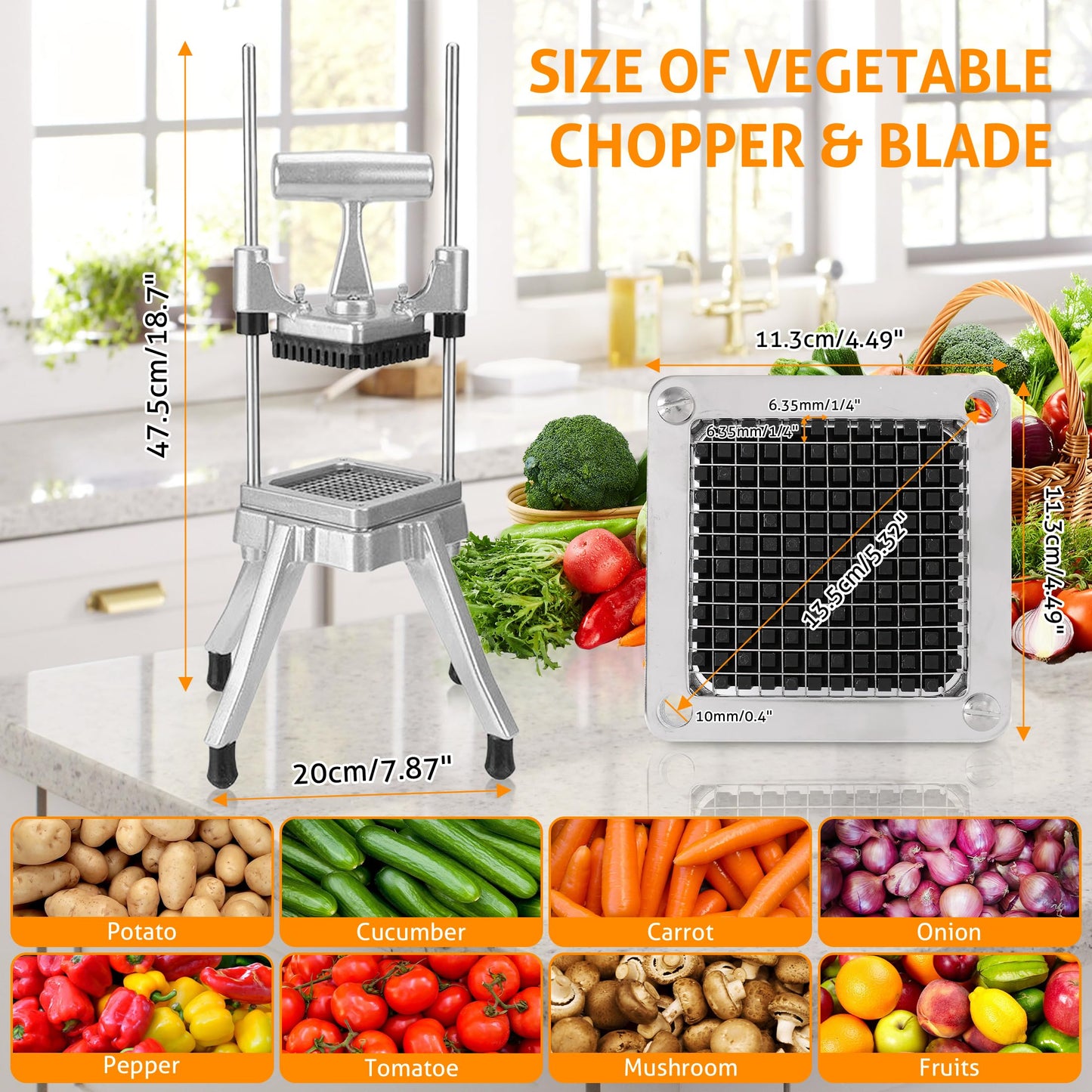 Picador Comercial de Verduras y Frutas WICHEMI Acero Inoxidable 1/4 Pulgadas