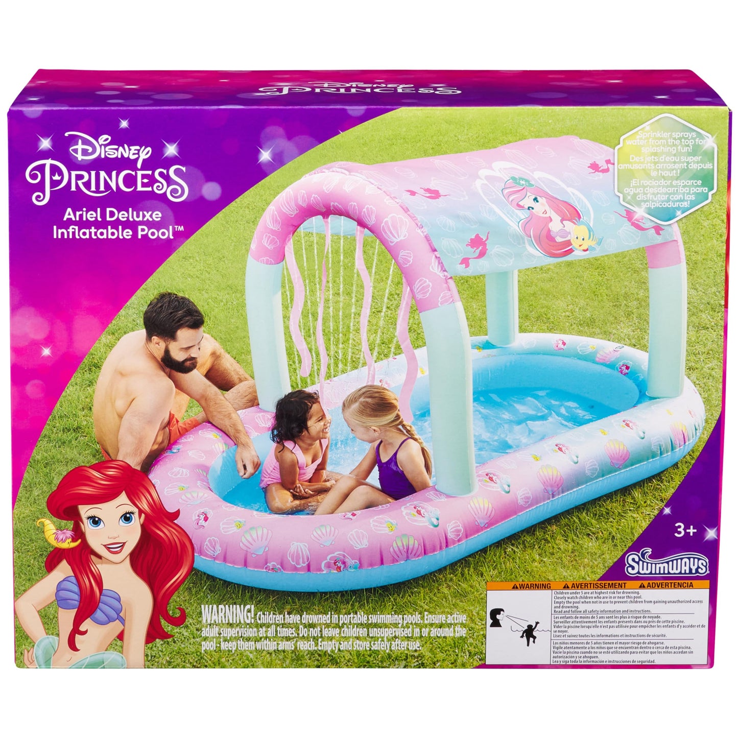 Piscina Inflable SwimWays Disney Princess Ariel Rosa con Toldo e Inflado Rápido para Niños
