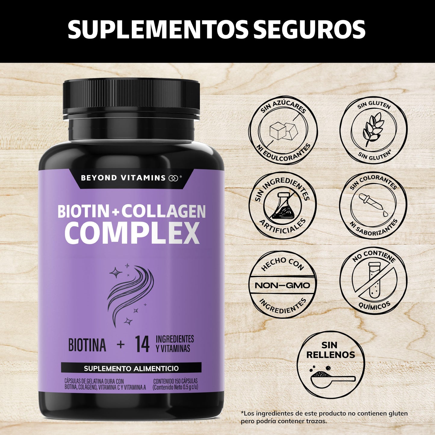 Biotin+Collagen Complex- Contiene Biotina + Colágeno + 15 Ingredientes y Vitaminas - Suplemento Vitamínico - Suplemento Alimenticio en Cápsulas - Sin Azúcar-Ingredientes NON GMO-150 cápsulas para 150 días.