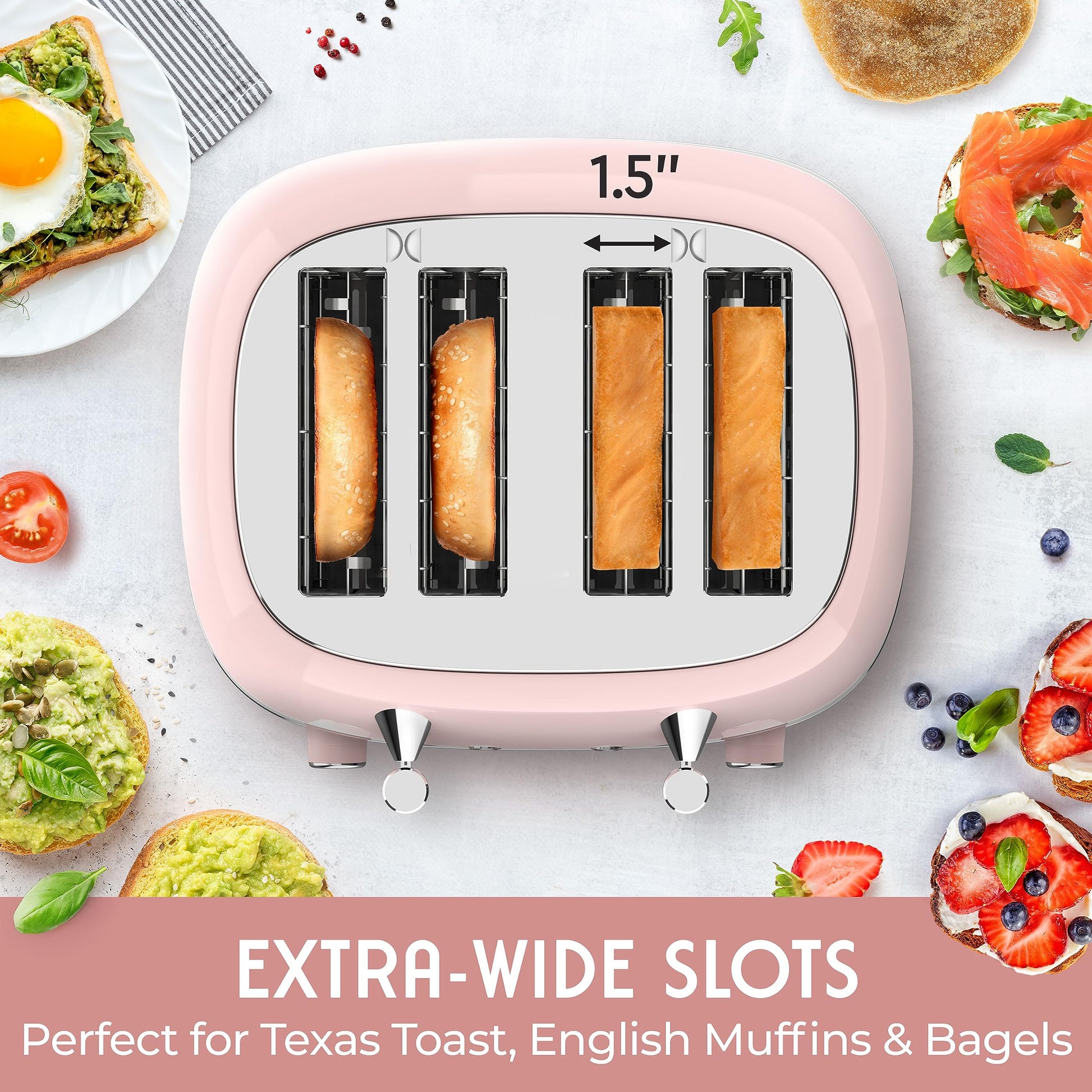 Mueller Retro Toaster 4 Slice with Extra Wide Slots Bagel, Defrost, Reheat, Cancel Function, 6 Browning Levels, Dual Independent Control Panel, Removable Crumb Tray and High Lift Lever, Pink