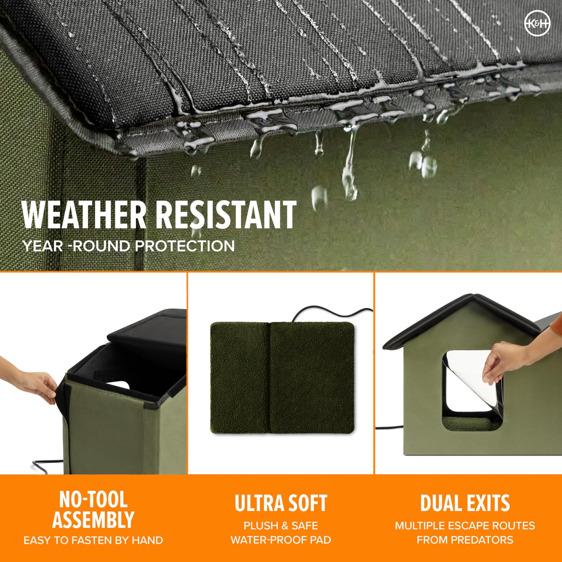 K&H PET PRODUCTS Casa de Gatito climatizada al Aire Libre Extra Ancha Verde Oliva 66.5 x 15.5 x 21.5 Pulgadas