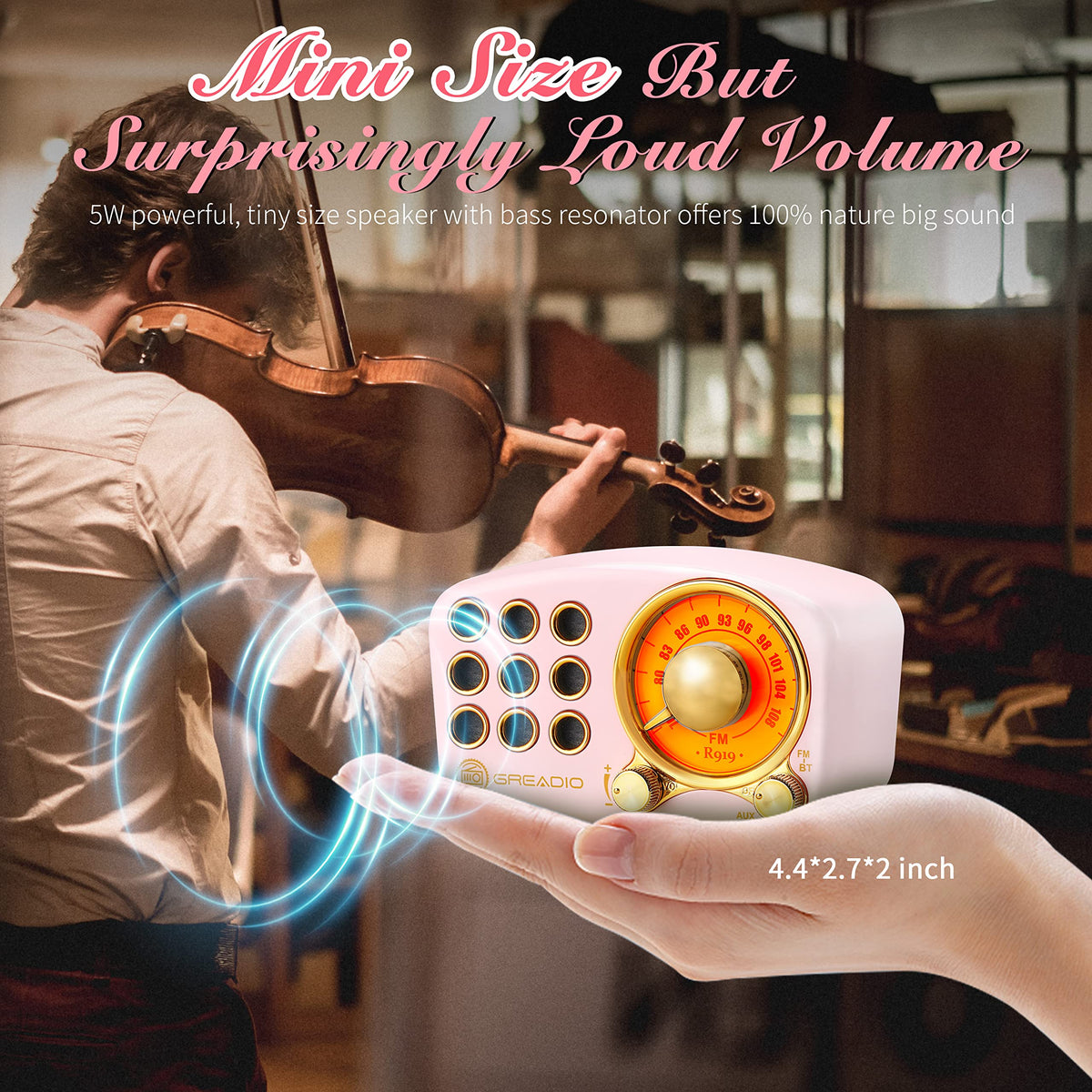 Altavoz Bluetooth Retro Greadio Rosa con Radio FM y Mejora de Graves