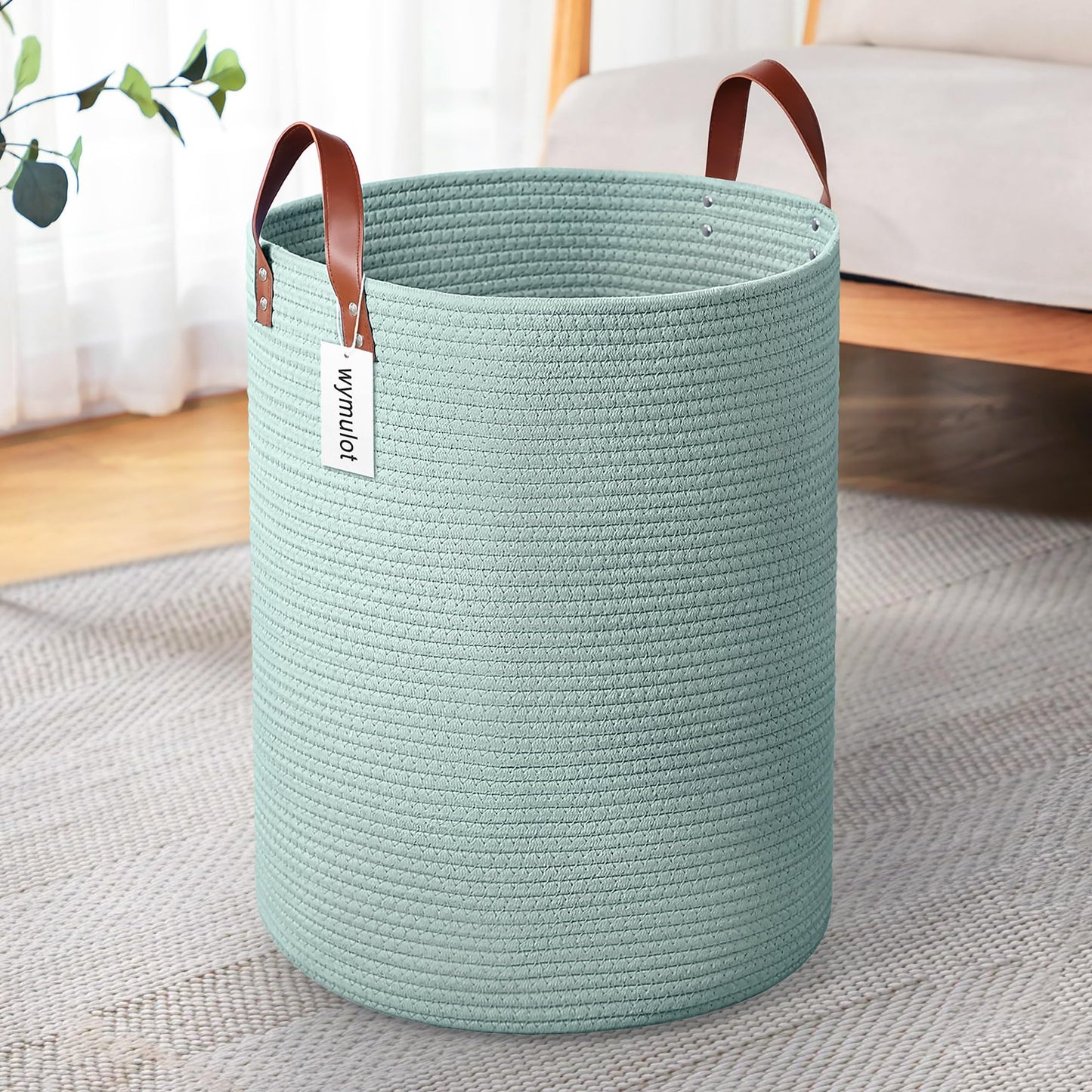 Wymulot - Cesta grande de cuerda de 80 l, cesta de almacenamiento de cuerda tejida con asas de piel, cesta de almacenamiento de juguetes para perros, recámara, almacenamiento de manta de guardería,