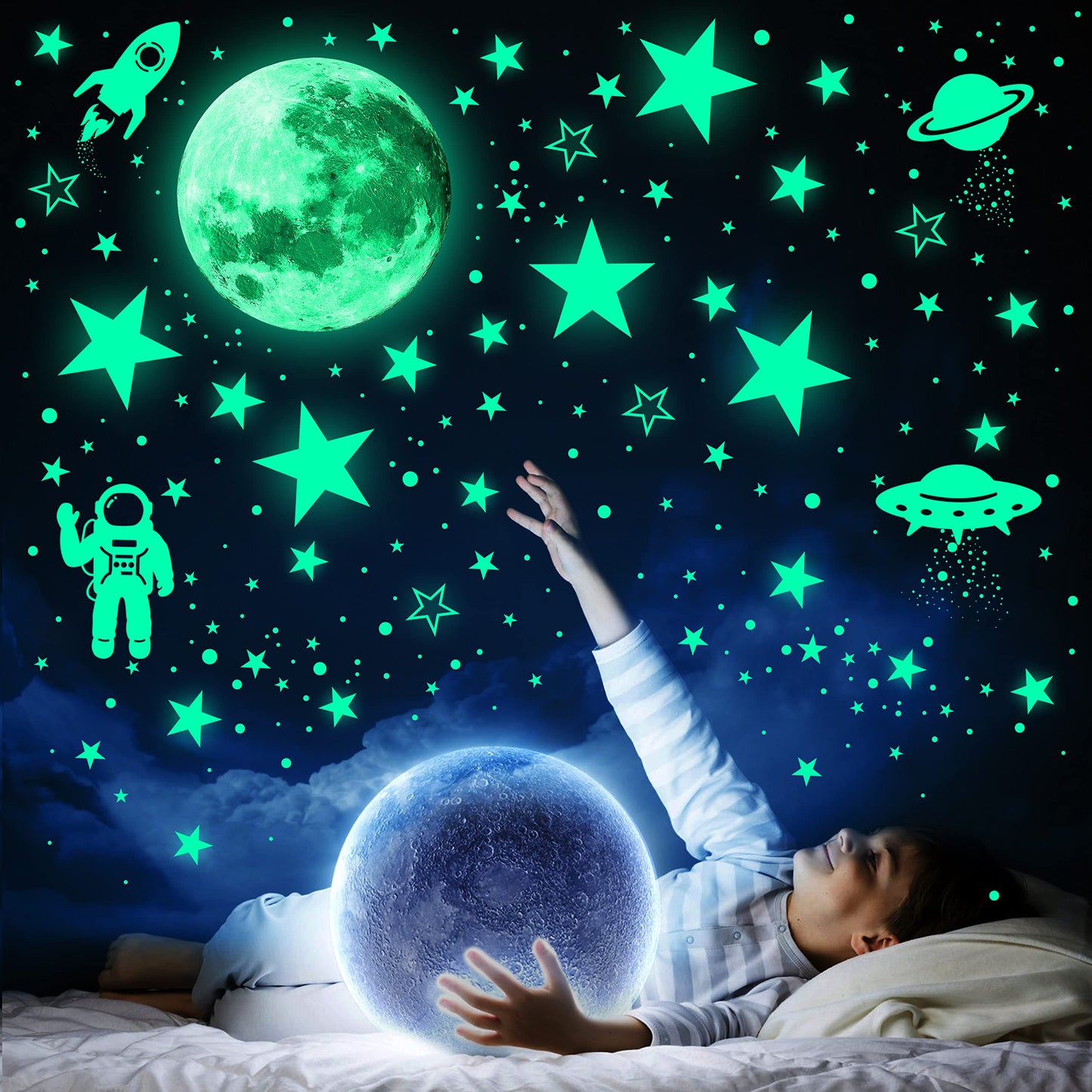 1078 piezas de estrellas que brillan en la oscuridad para planetas de techo, galaxia, espacial, guardería, pegatinas de pared, cohete, astronauta, decoración de habitación de niños y niños