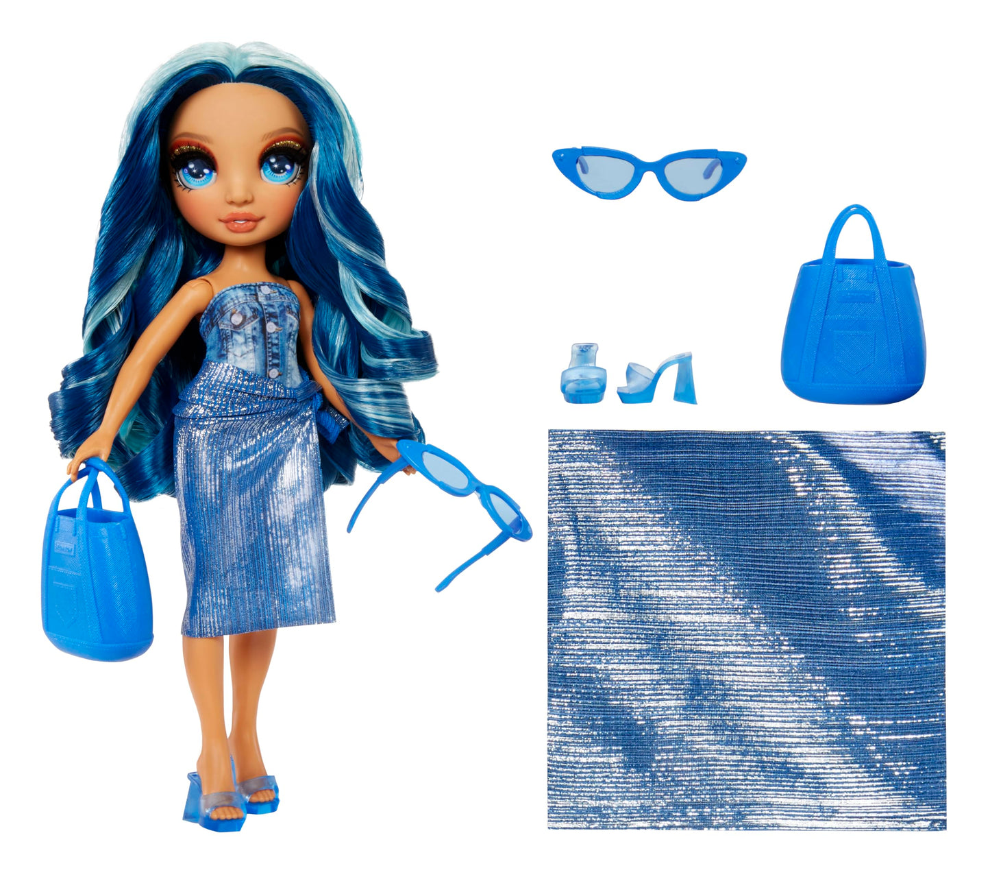 Muñeca Rainbow High Swim & Style Skyler azul con Pareo para niños y niñas