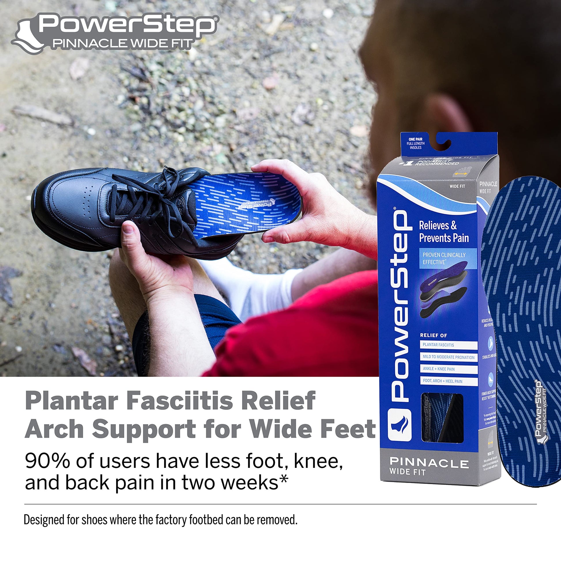 Plantilla PowerStep Pinnacle Azul Gris de Ajuste Ancho con Soporte de Arco Neutro para Alivio del Dolor de Fascitis Plantar para Hombre