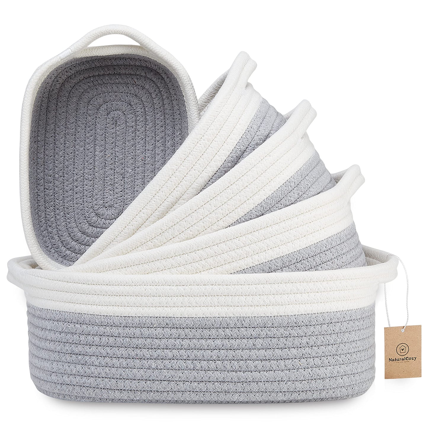 NaturalCozy - Juego de cestas de almacenamiento rectangulares de 5 piezas, canastas tejidas de cuerda de algodón natural para organizar Cesta pequeña para Montessori, guardería de bebé, cestas de juguete para perros, caja de juguetes para gatos, contenedo