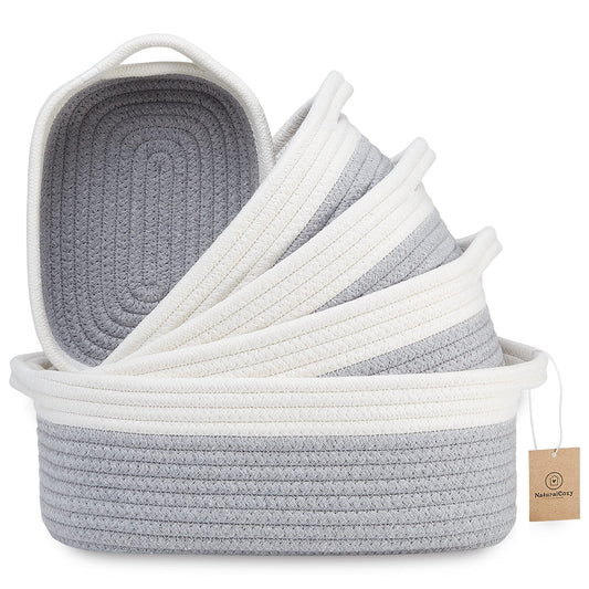 NaturalCozy - Juego de cestas de almacenamiento rectangulares de 5 piezas, canastas tejidas de cuerda de algodón natural para organizar Cesta pequeña para Montessori, guardería de bebé, cestas de juguete para perros, caja de juguetes para gatos, contenedo