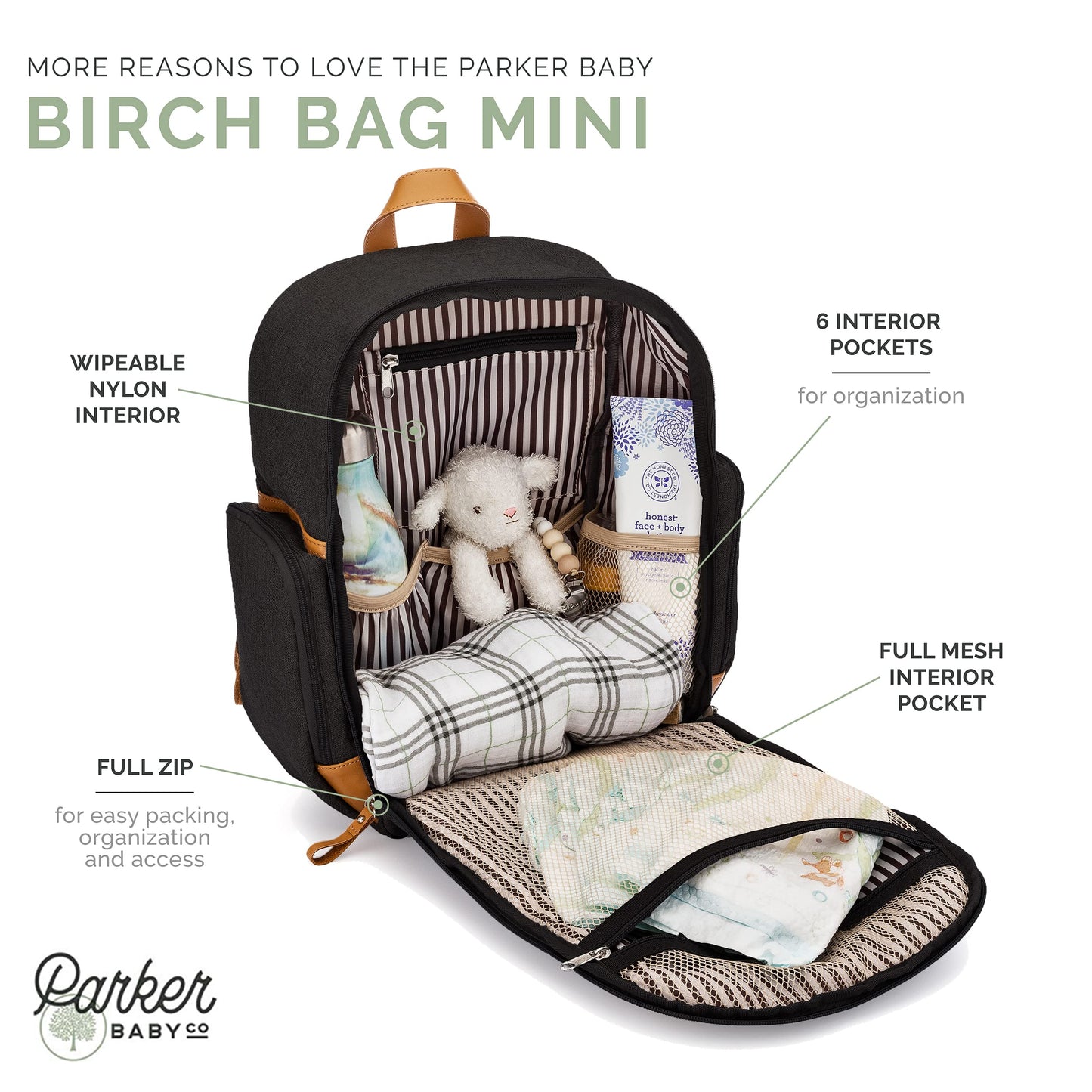 Parker Baby Co. - Mochila Pañalera Unisex Multifuncional con Cierre Completo y Bolsillos Térmicos para Mamá y Papá, Color Negro