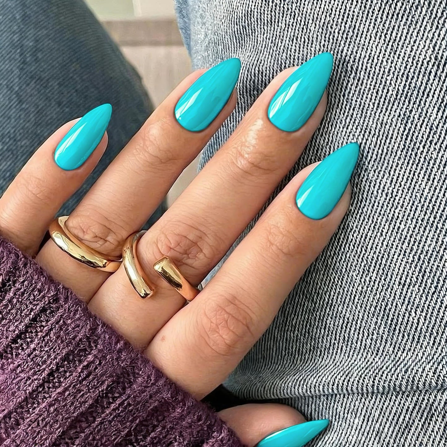SXVME Uñas Postizas Azul Turquesa Almendradas - Uñas Acrílicas De Presión Medianas Estilo Estilete, Uñas Postizas Azules Opacas Con Pegamento, Ajuste Perfecto, Uñas De Gel Suave Reutilizables Para Muj