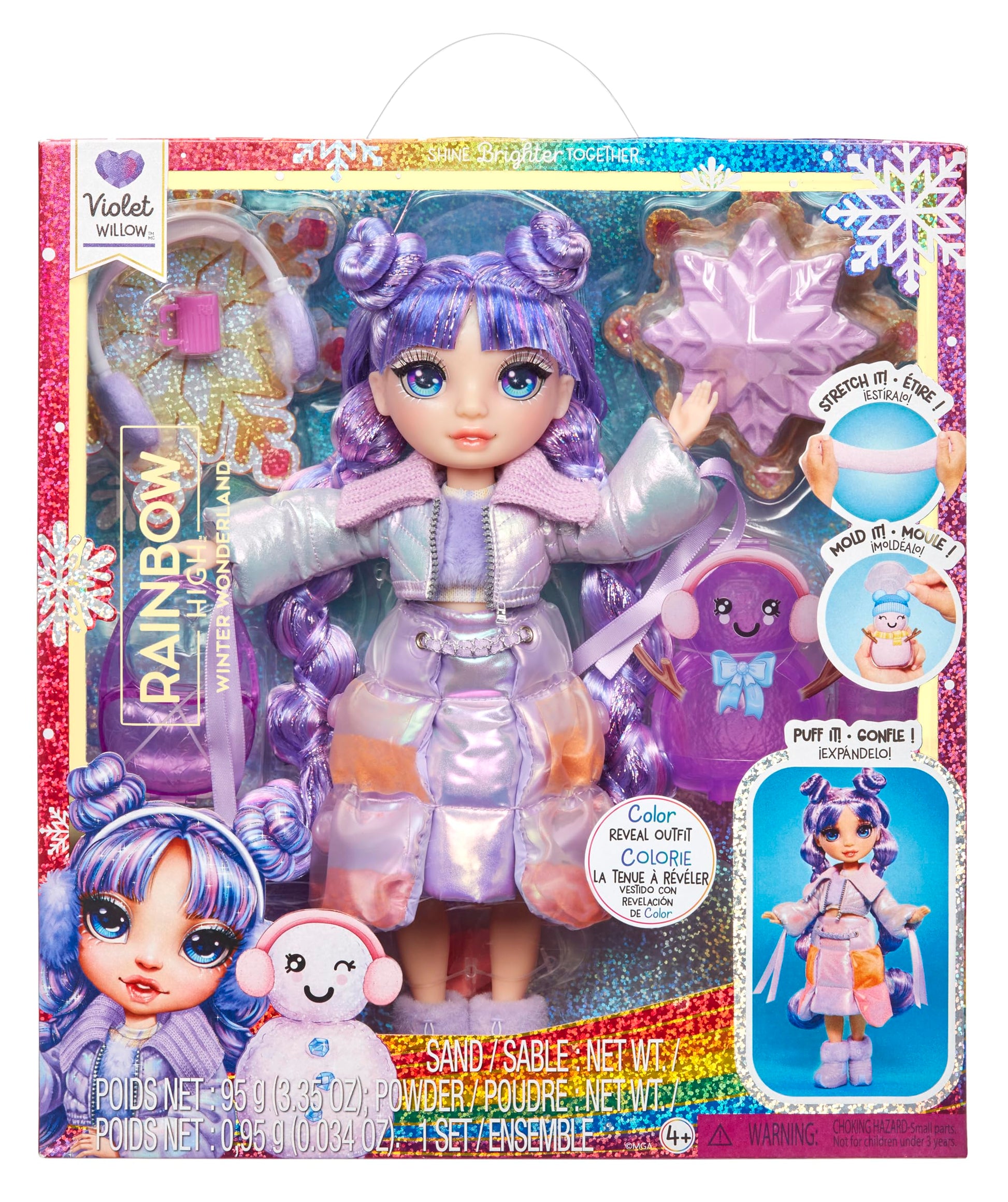 Muñeca Rainbow High Violet Willow morado Atuendos de Nieve Mágicos con Kit para Muñecos de Nieve de Arena Kinética