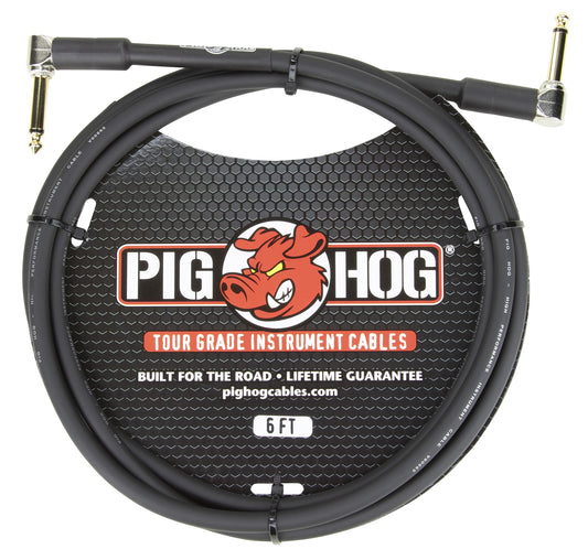 Cable de Instrumento para Guitarra Pig Hog 8mm Rendimiento Superior 1/4 Pulgadas 6 Pies Conectores en Ángulo Recto
