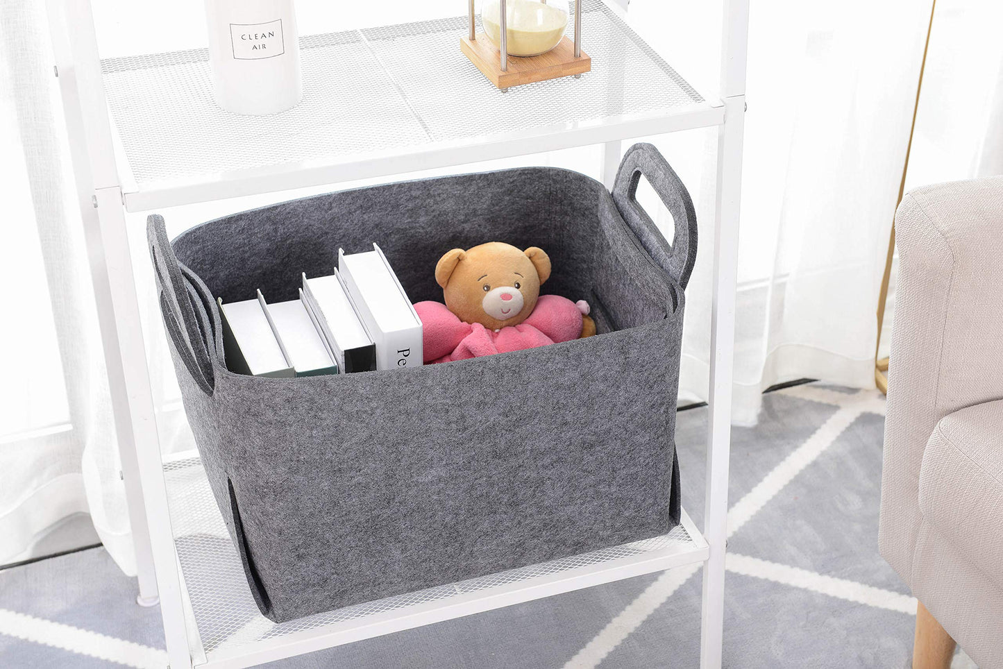 Minoisome - Cesta de almacenamiento de fieltro plegable y conveniente organizador de caja con asas de transporte para oficina, recámara, clóset, bebés, guardería, juguetes (gris, 15.7 pulgadas de